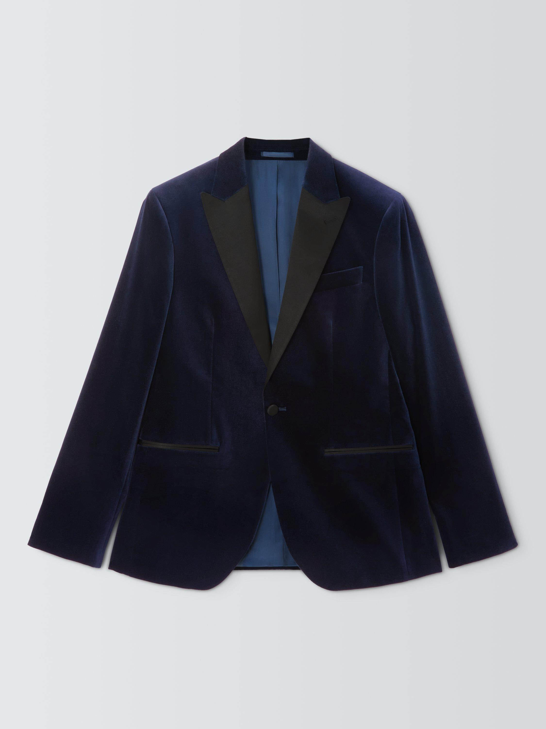 Product image 4 of 7, which shows John Lewis Satin Peak Lapel Regular Fit Velvet Dinner Jacket, Navy, 46R