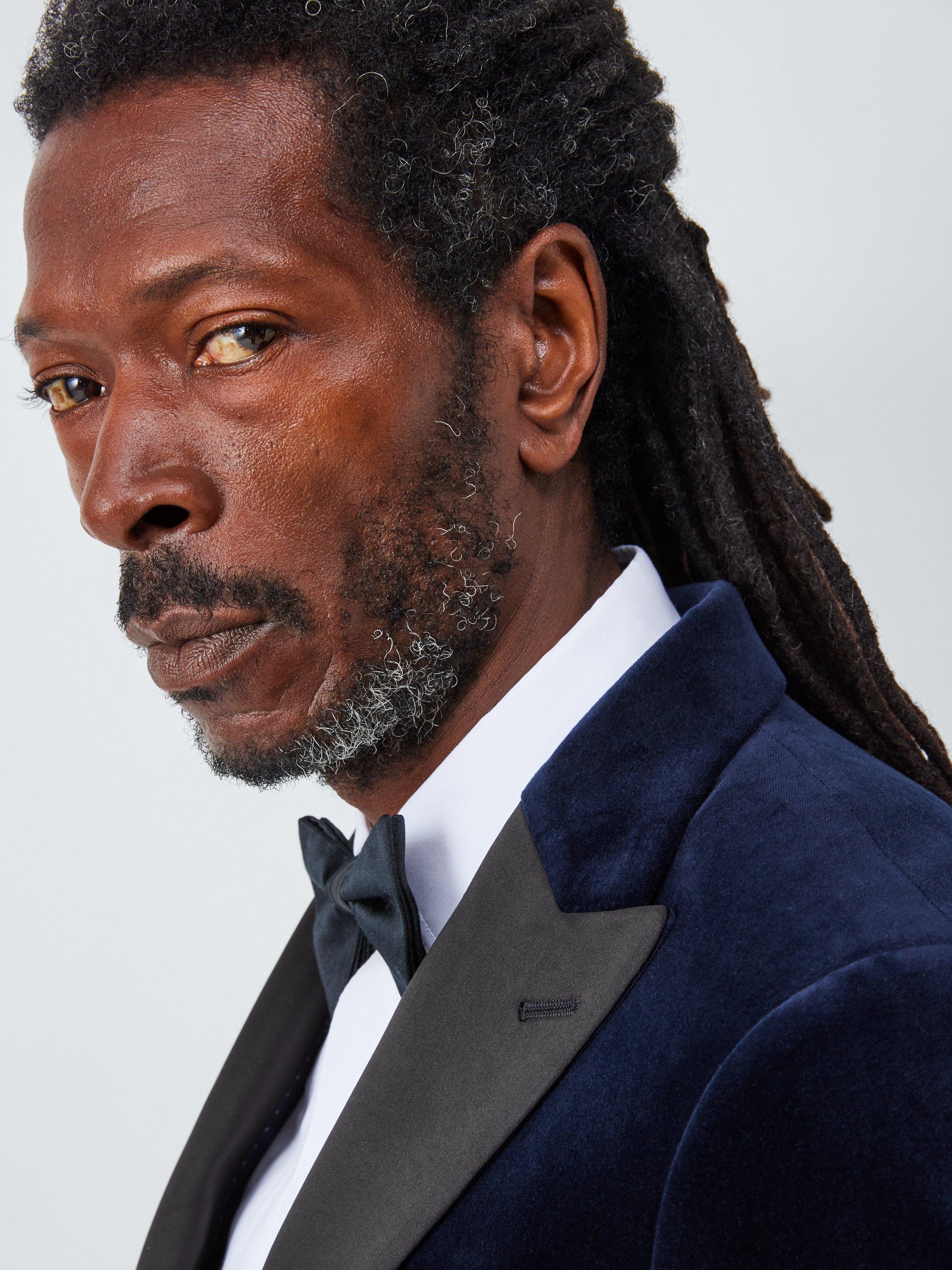 Product image 5 of 7, which shows John Lewis Satin Peak Lapel Regular Fit Velvet Dinner Jacket, Navy, 46R