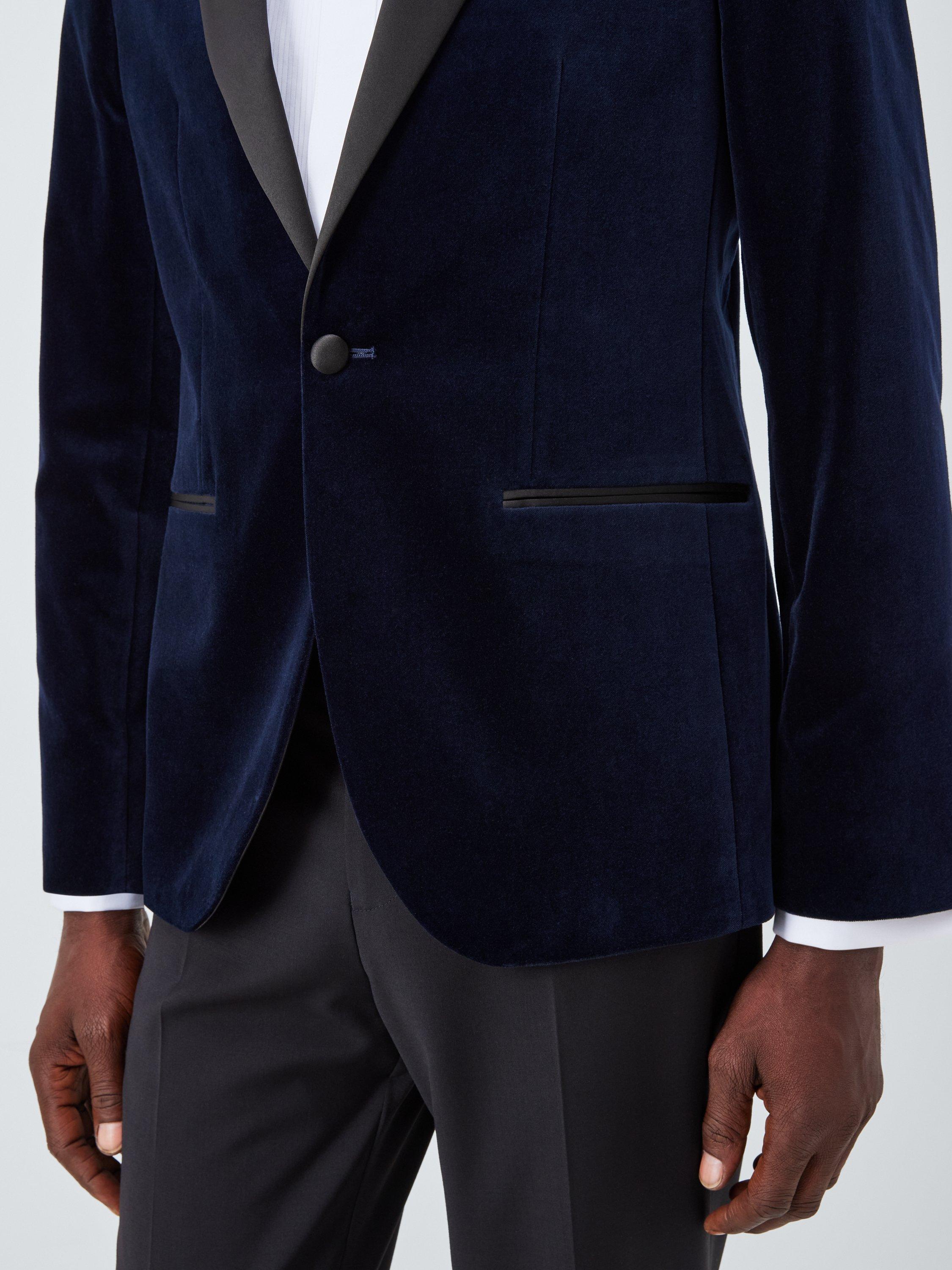 Product image 6 of 7, which shows John Lewis Satin Peak Lapel Regular Fit Velvet Dinner Jacket, Navy, 46R