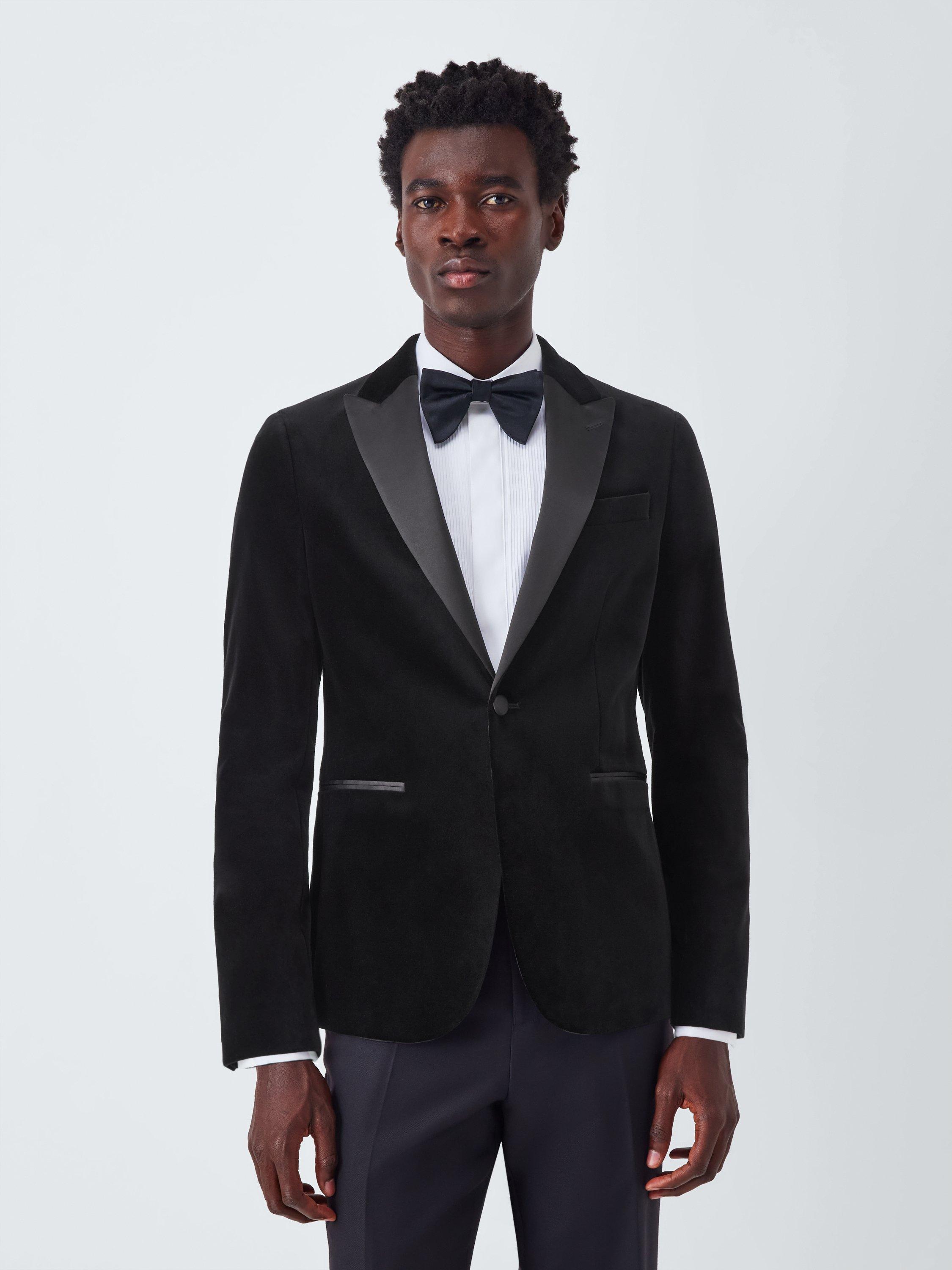 Product image 1 of 7, which shows John Lewis Satin Peak Lapel Slim Fit Velvet Dinner Jacket, Black, 36R