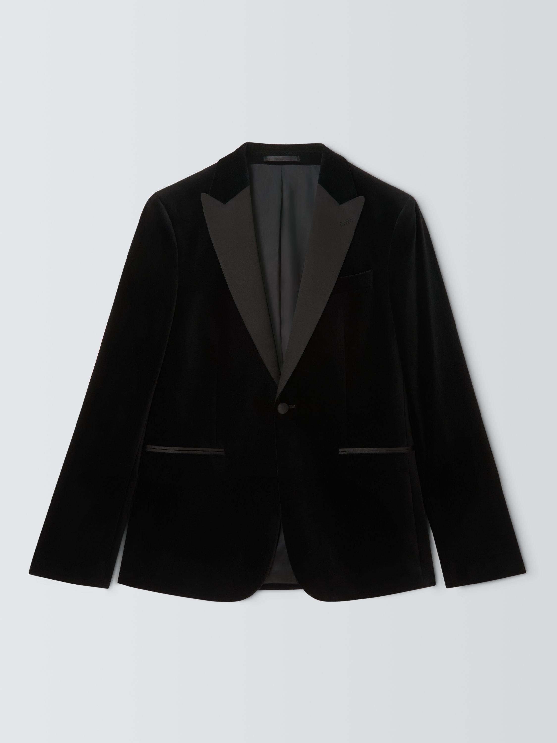 Product image 4 of 7, which shows John Lewis Satin Peak Lapel Slim Fit Velvet Dinner Jacket, Black, 36R