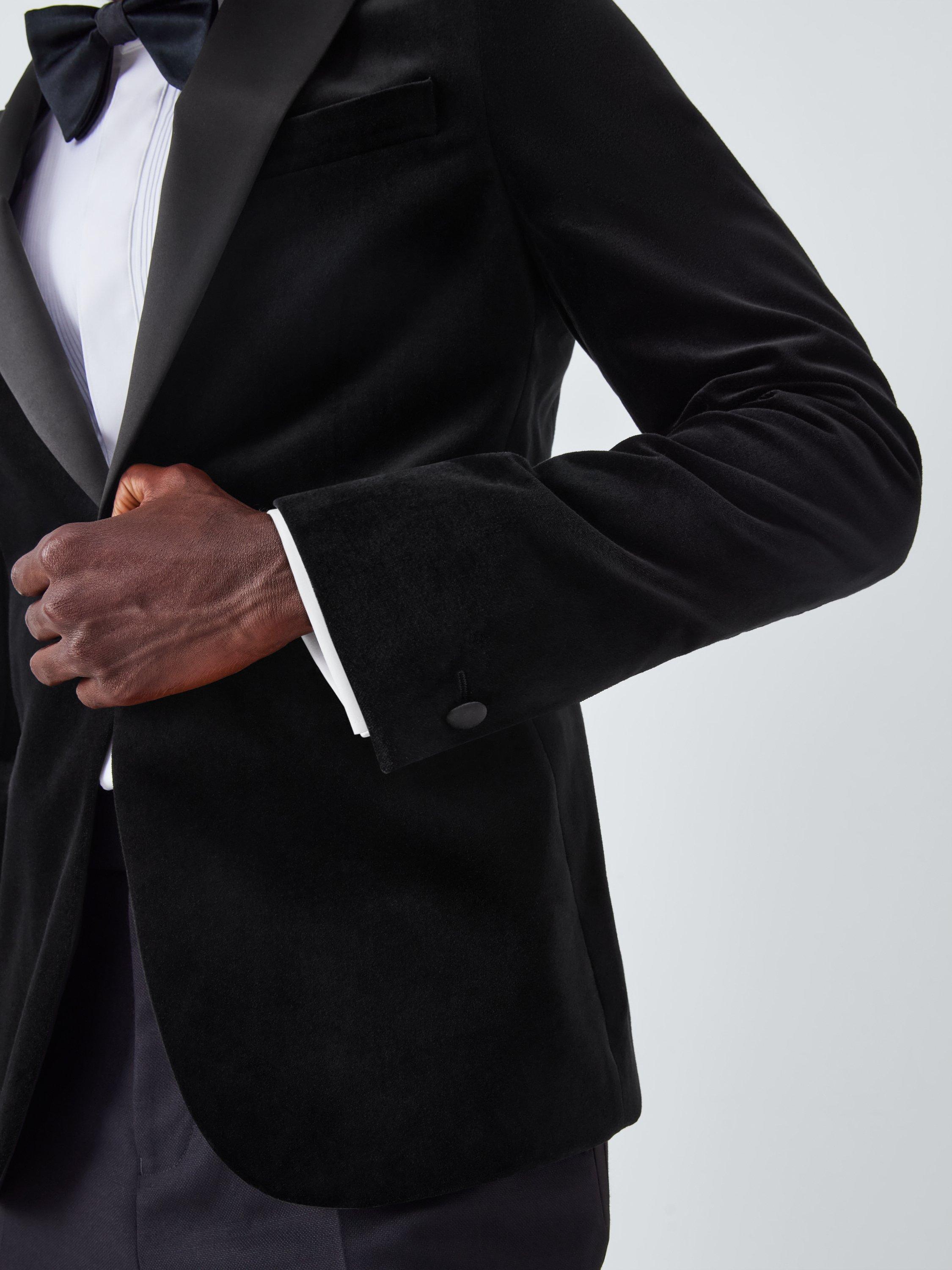 Product image 6 of 7, which shows John Lewis Satin Peak Lapel Slim Fit Velvet Dinner Jacket, Black, 36R