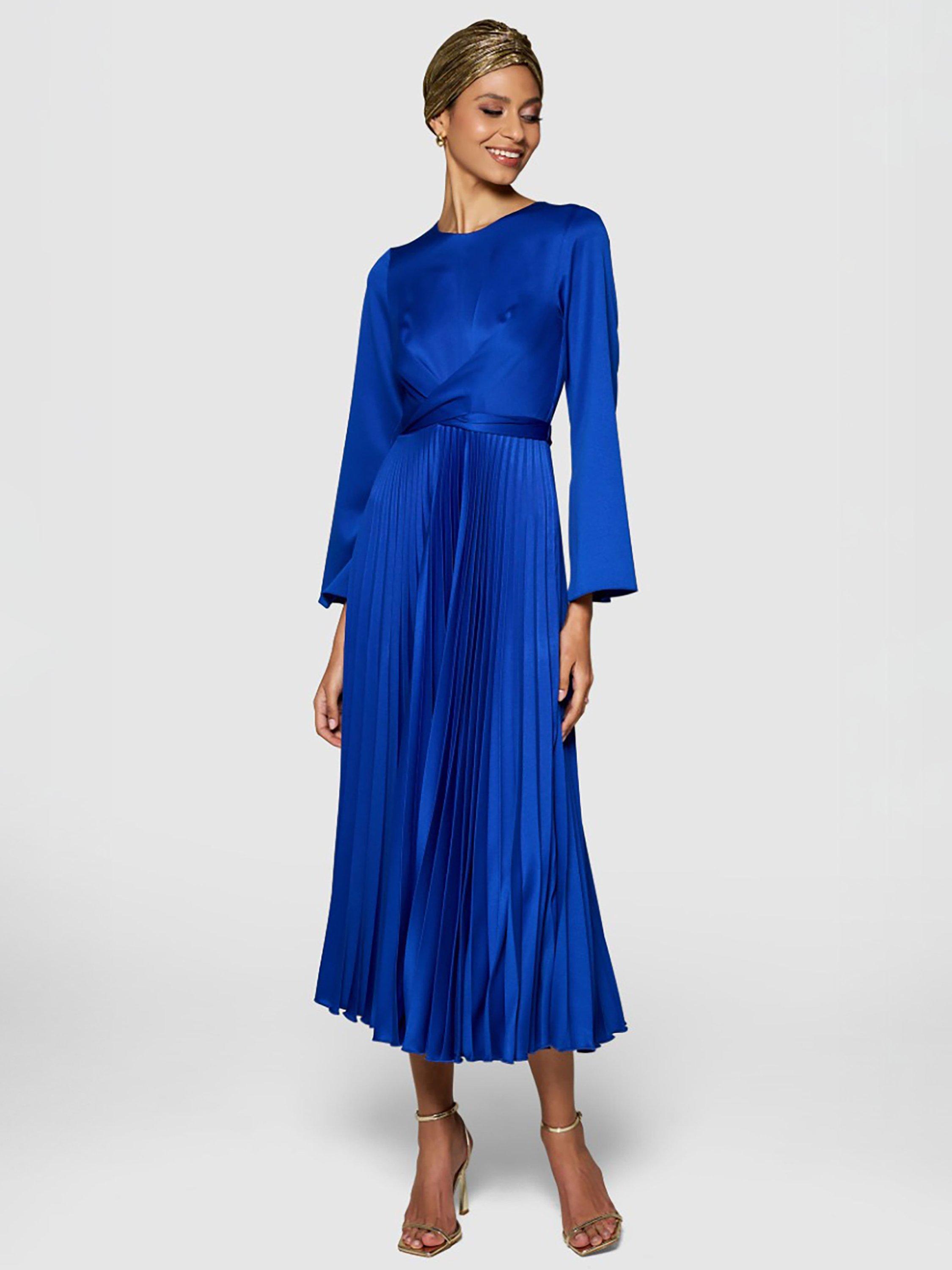 Product image 1 of 5, which shows Closet London Tie Waist Pleated Dress, Blue, 8