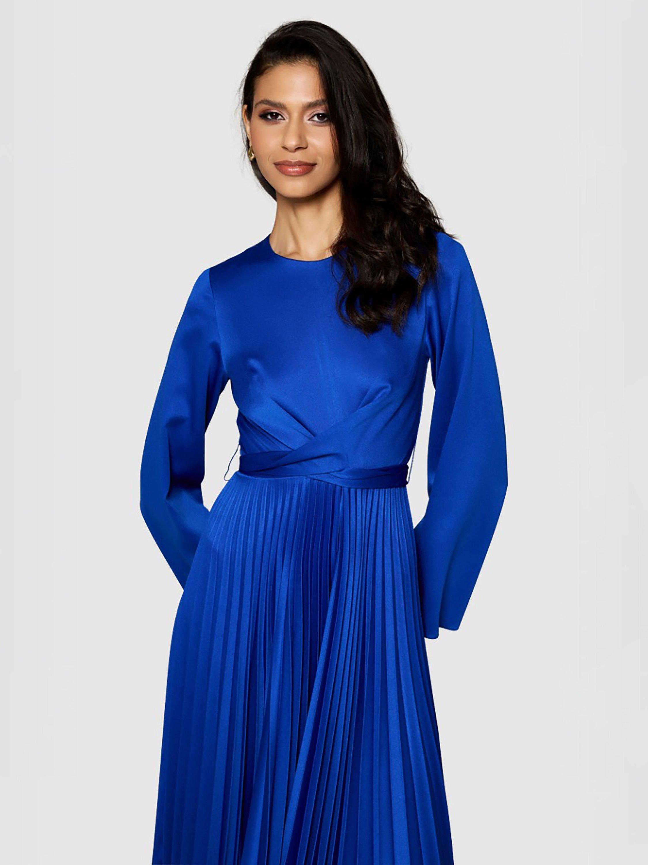 Product image 4 of 5, which shows Closet London Tie Waist Pleated Dress, Blue, 8