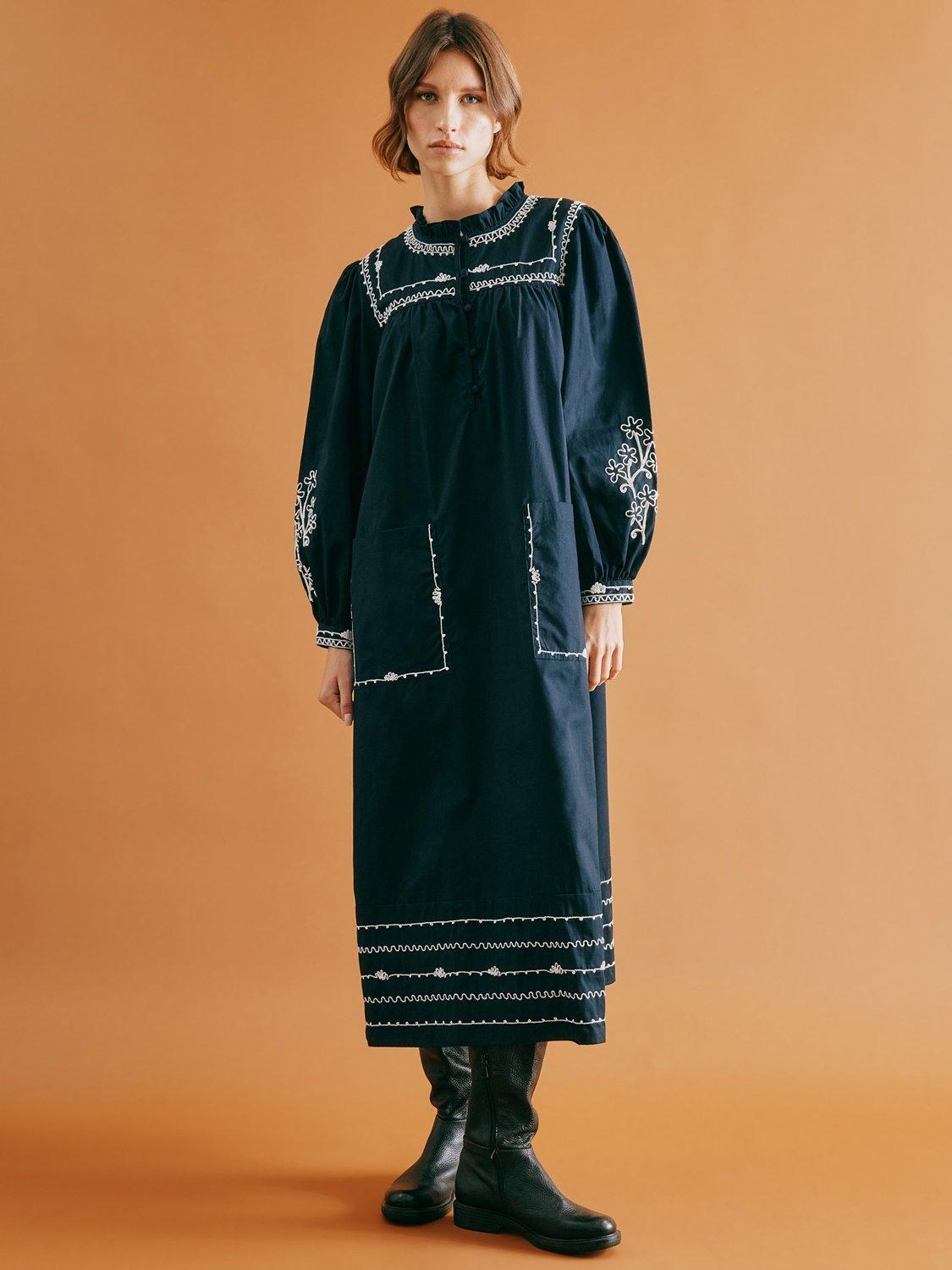 Product image 1 of 6, which shows Albaray Embroidered Ruffle Neck Midi Dress, Navy, 8