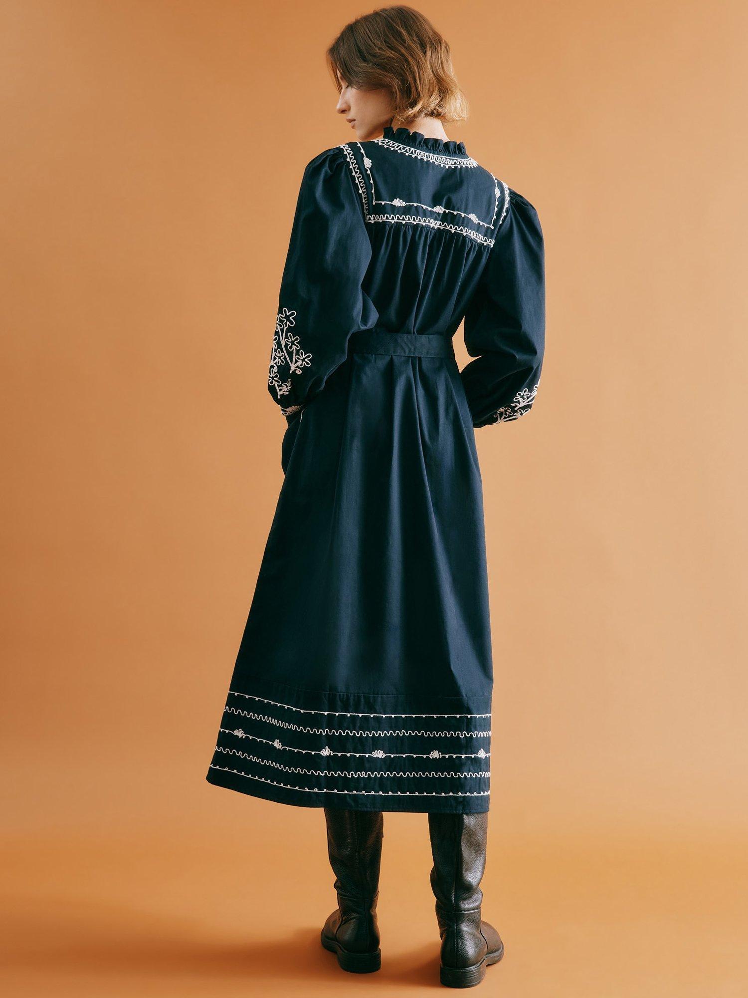 Product image 2 of 6, which shows Albaray Embroidered Ruffle Neck Midi Dress, Navy, 8