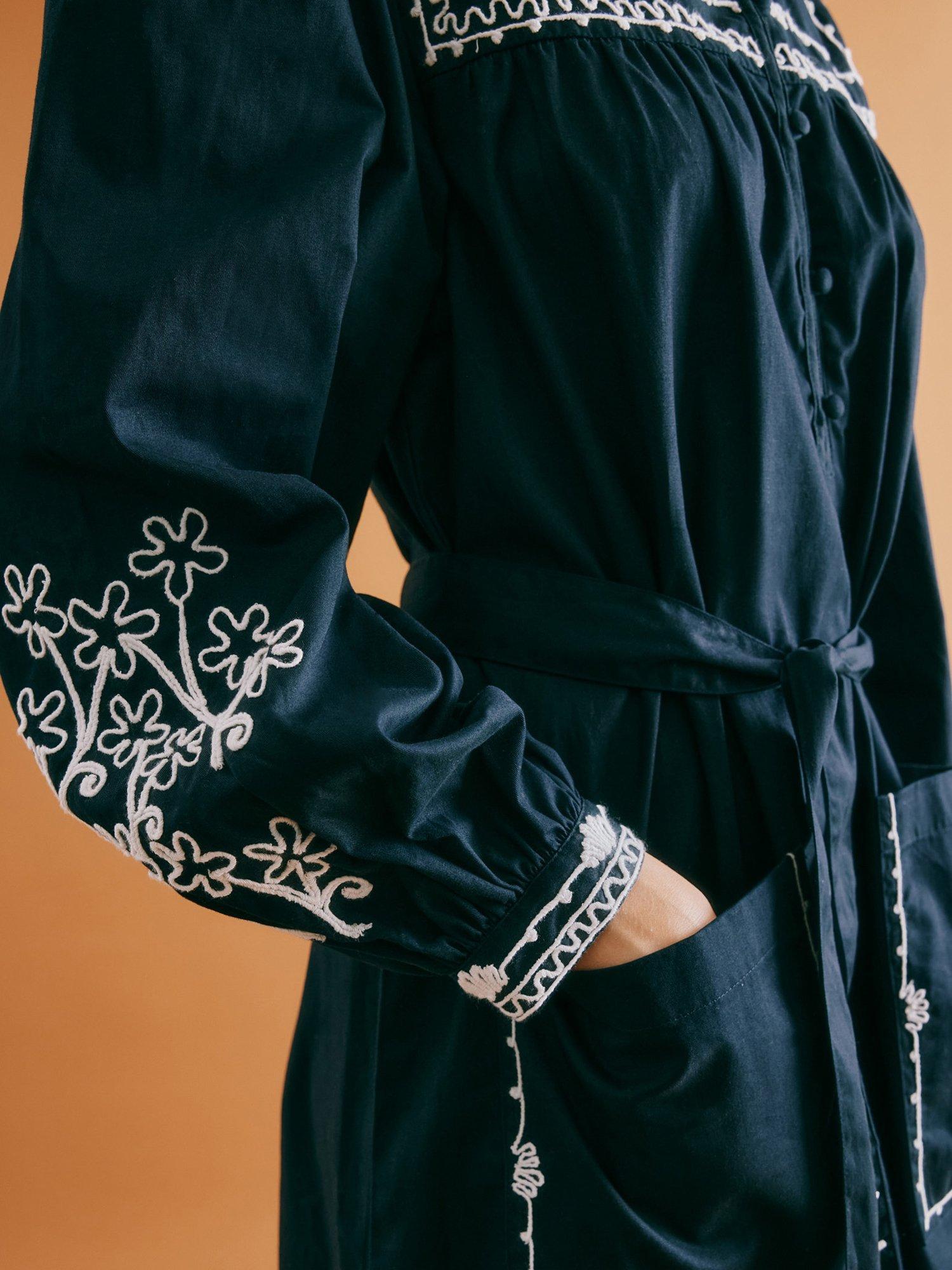Product image 3 of 6, which shows Albaray Embroidered Ruffle Neck Midi Dress, Navy, 8