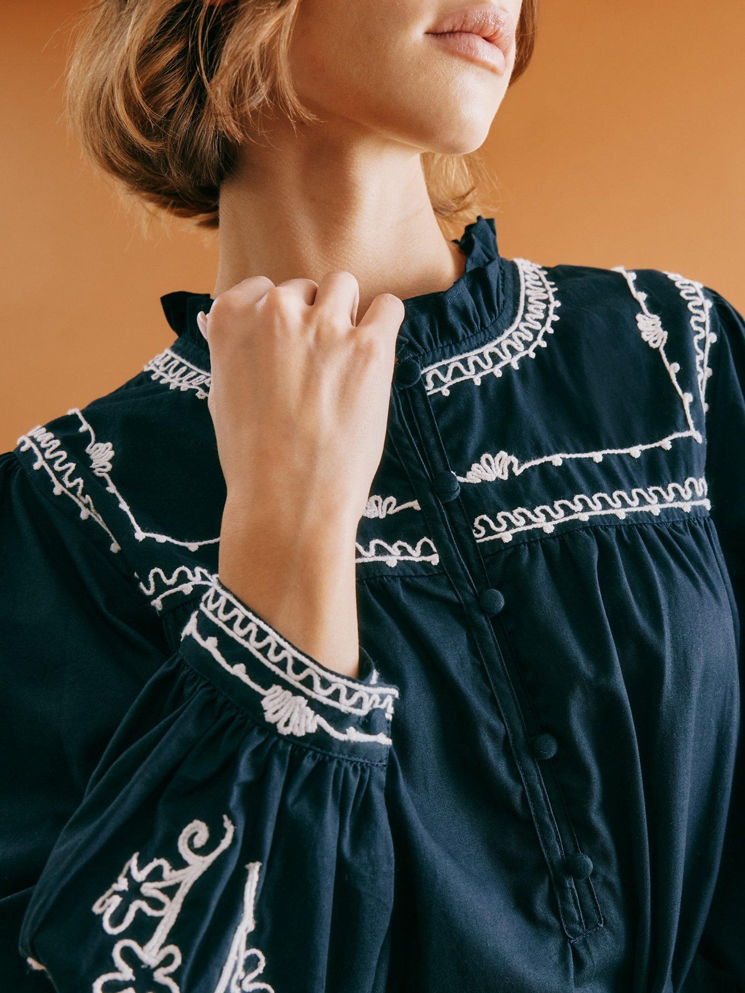Product image 4 of 6, which shows Albaray Embroidered Ruffle Neck Midi Dress, Navy, 8