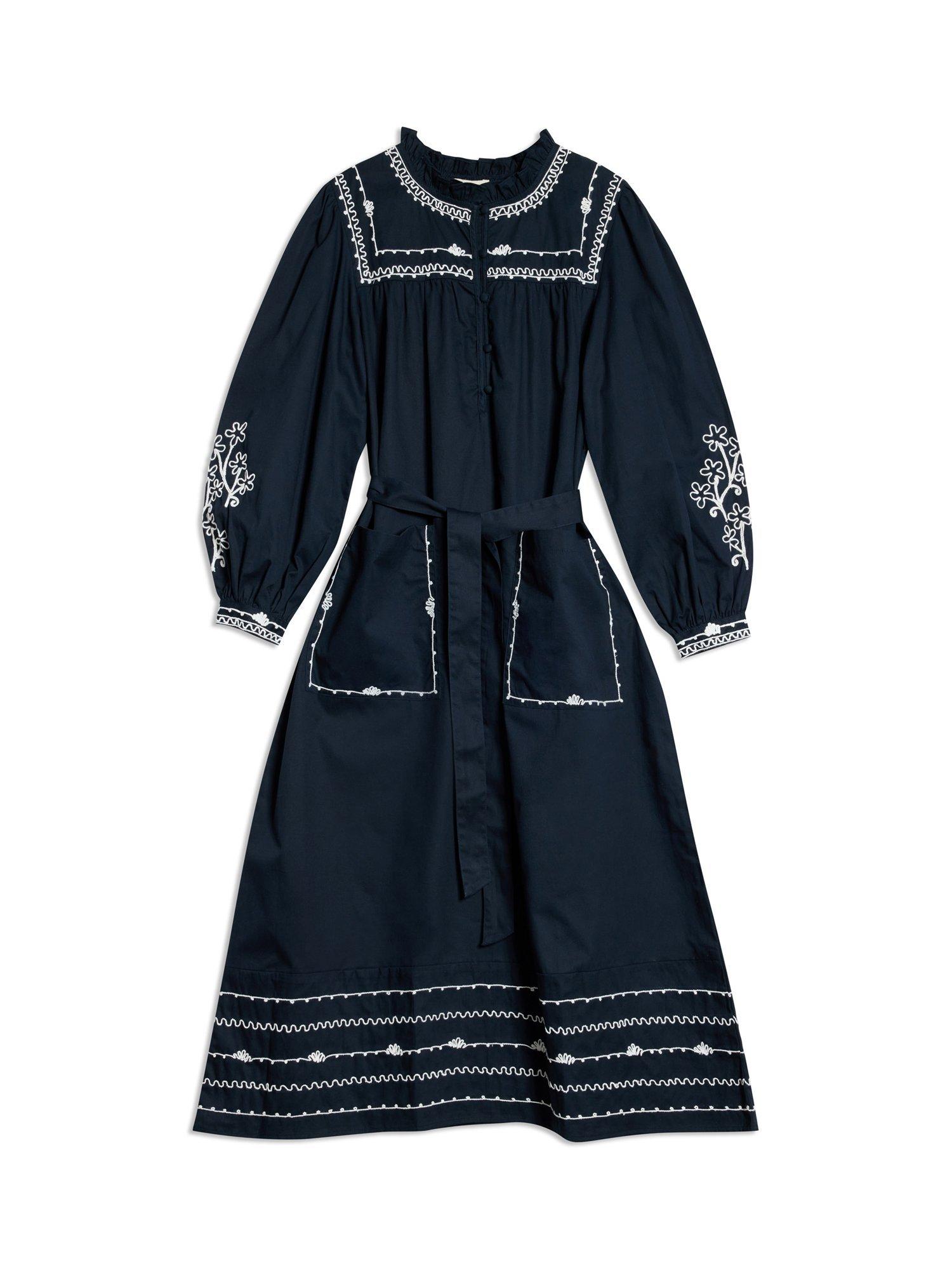 Product image 5 of 6, which shows Albaray Embroidered Ruffle Neck Midi Dress, Navy, 8