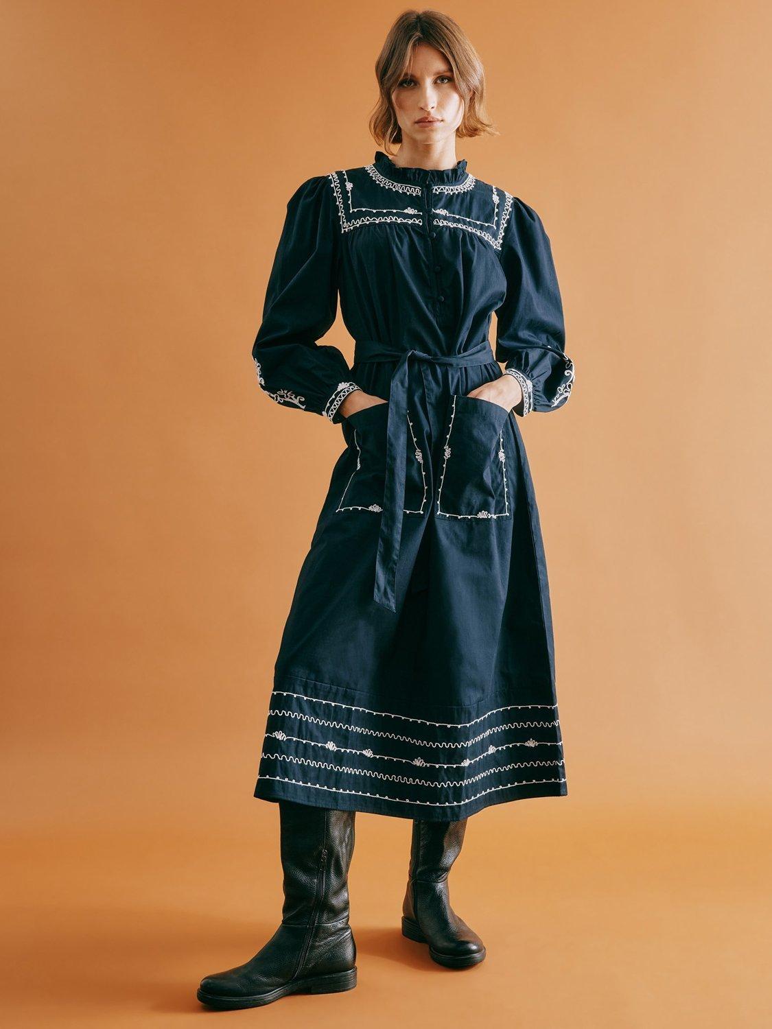 Product image 6 of 6, which shows Albaray Embroidered Ruffle Neck Midi Dress, Navy, 8