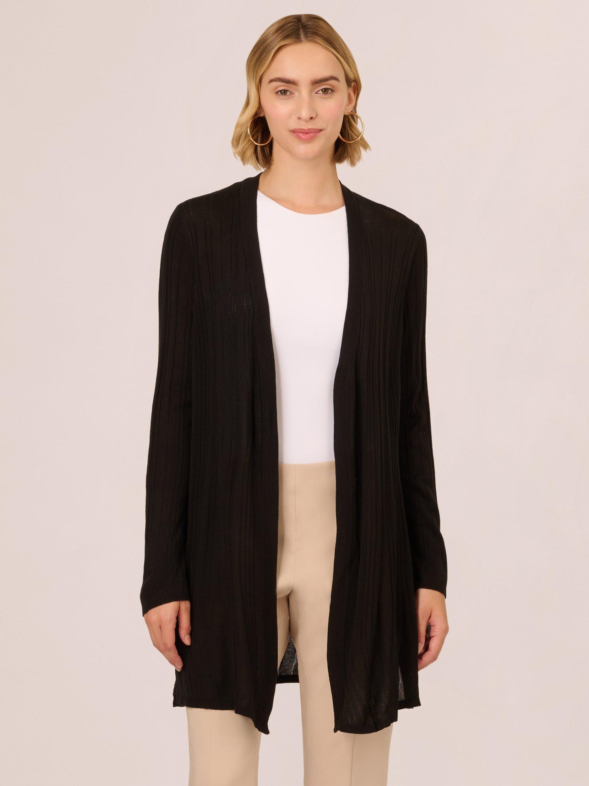 Product image 1 of 7, which shows Adrianna Papell V-Neck Vertical Rib Lightweight Duster Cardigan, Black, L