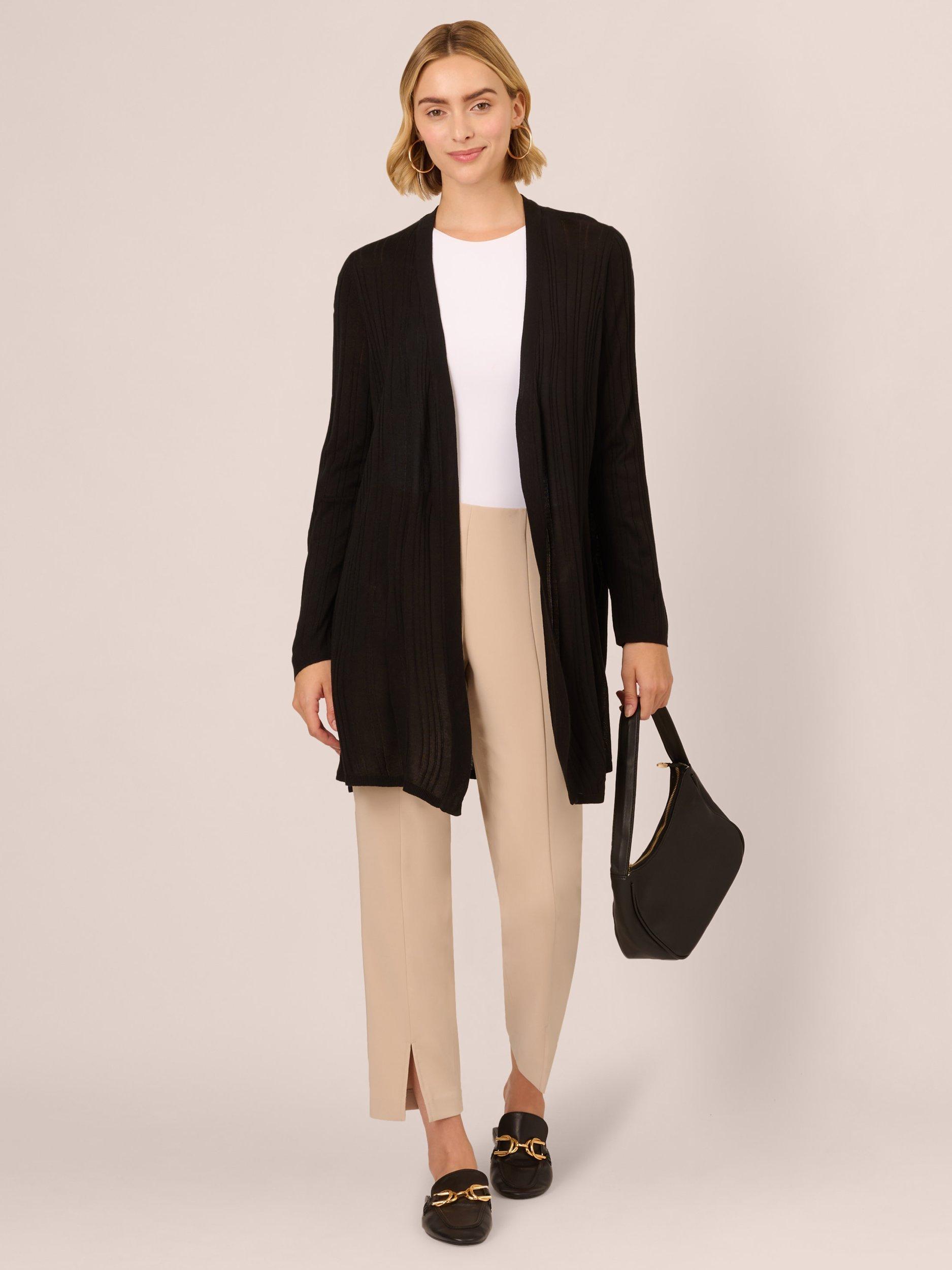Product image 3 of 7, which shows Adrianna Papell V-Neck Vertical Rib Lightweight Duster Cardigan, Black, L