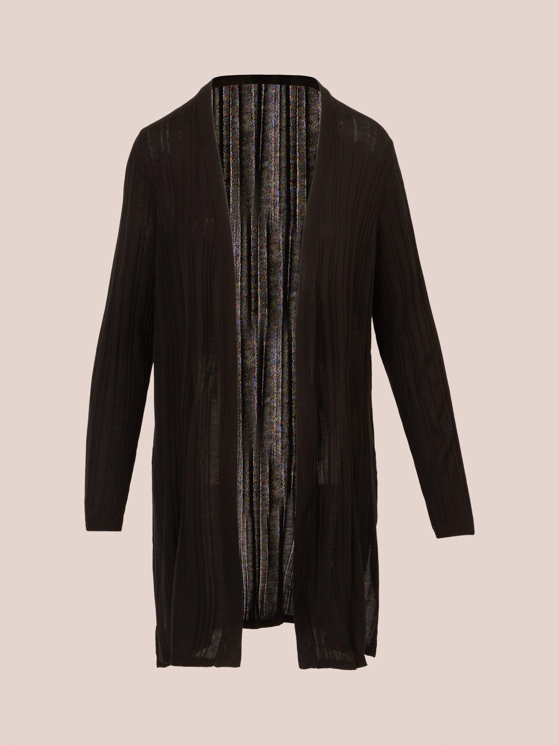 Product image 6 of 7, which shows Adrianna Papell V-Neck Vertical Rib Lightweight Duster Cardigan, Black, L