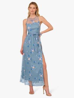 Adrianna Papell Embroidered Halterneck Maxi Dress, French Blue/Multi, French Blue/Multi