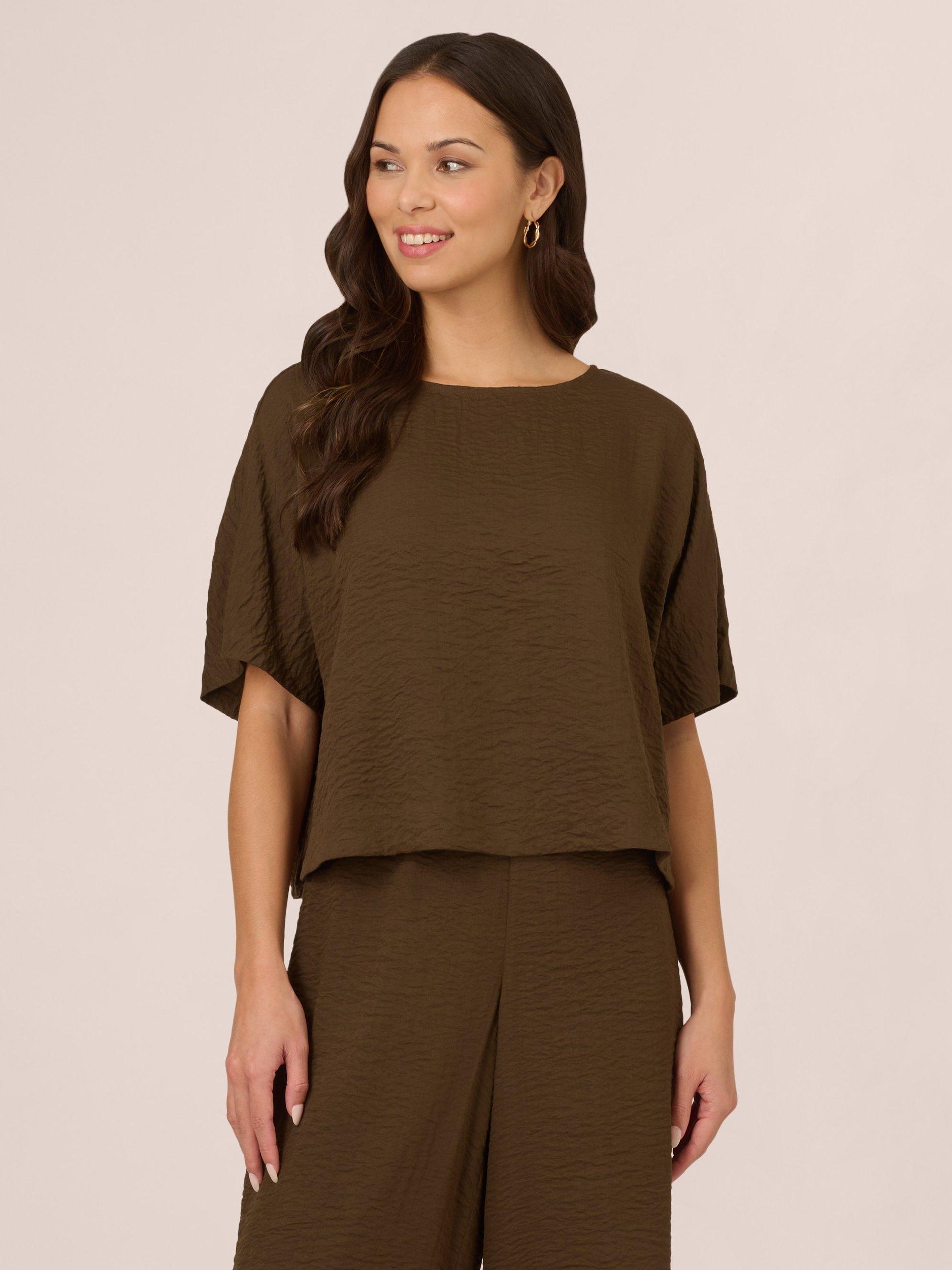 Adrianna Papell Crinkle Boxy T-Shirt, Chocolate Walnut