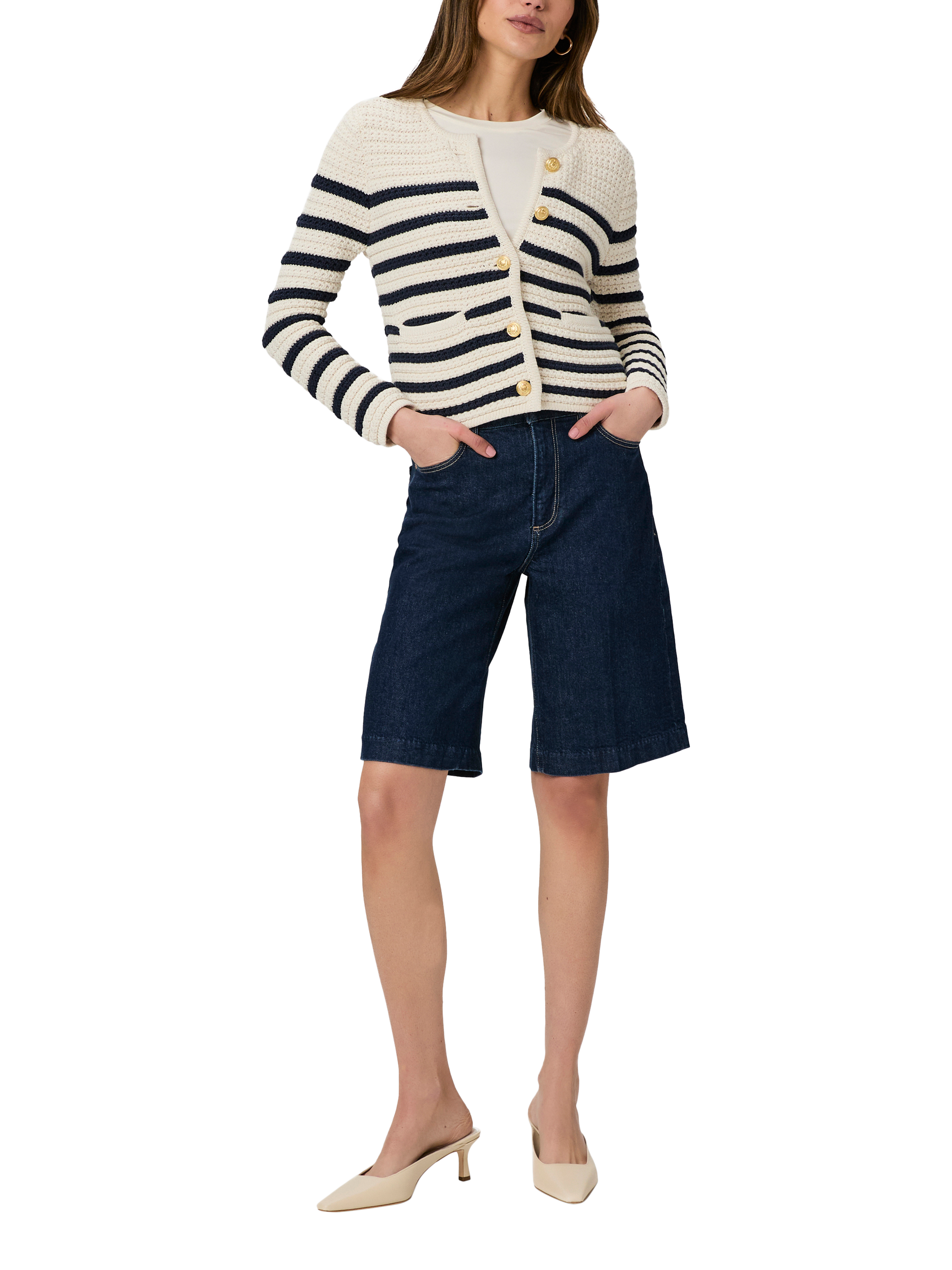 Product image 1 of 4, which shows PAIGE Cadee Organic Cotton Rich Denim Bermuda Shorts, Dark Blue, 27