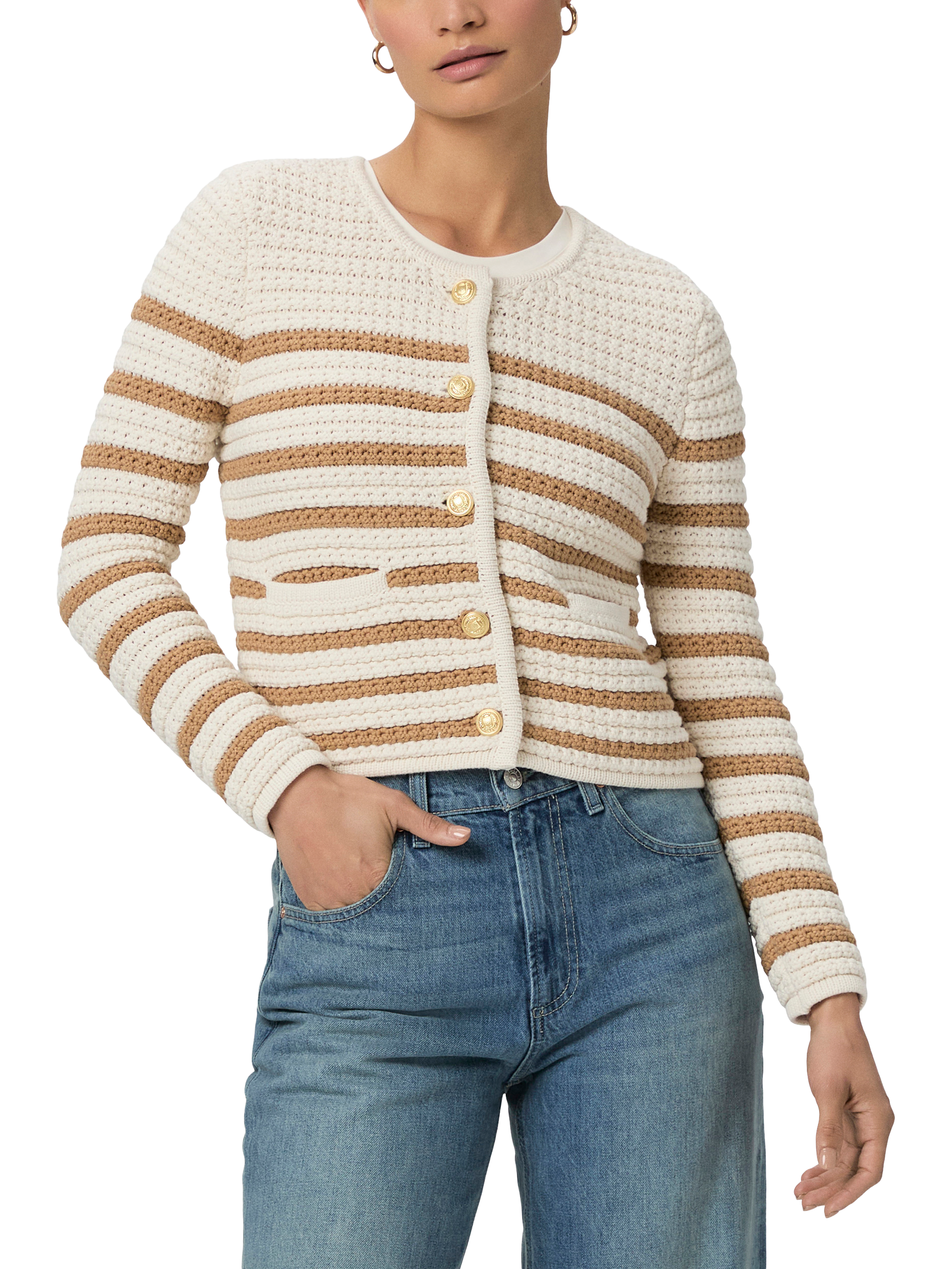 Product image 1 of 4, which shows PAIGE Oberon Stripe Knit Cardigan, White/Brown, S