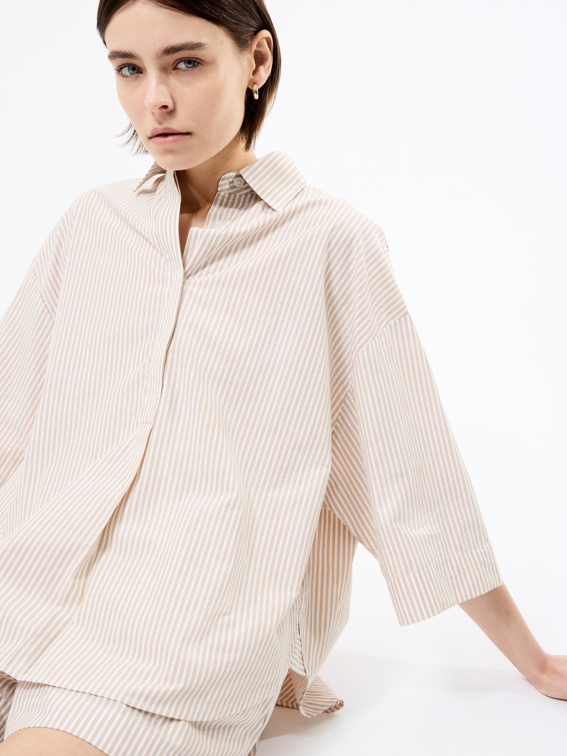 Product image 1 of 5, which shows French Connection Rhodes Cotton Stripe Popover Shirt, Incense/Porcelain, XS