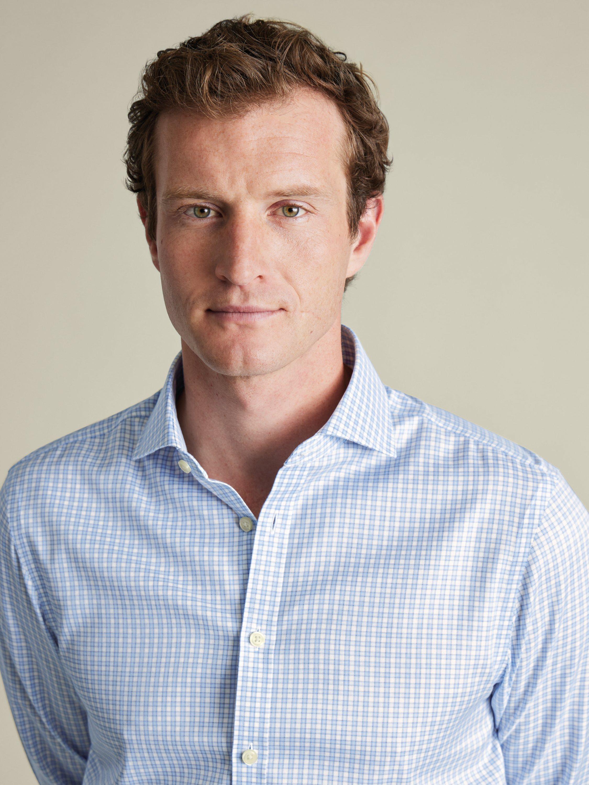 Product image 2 of 6, which shows Charles Tyrwhitt Non-Iron Cotton Twill Shirt, Cornflower Blue, 15.5/S