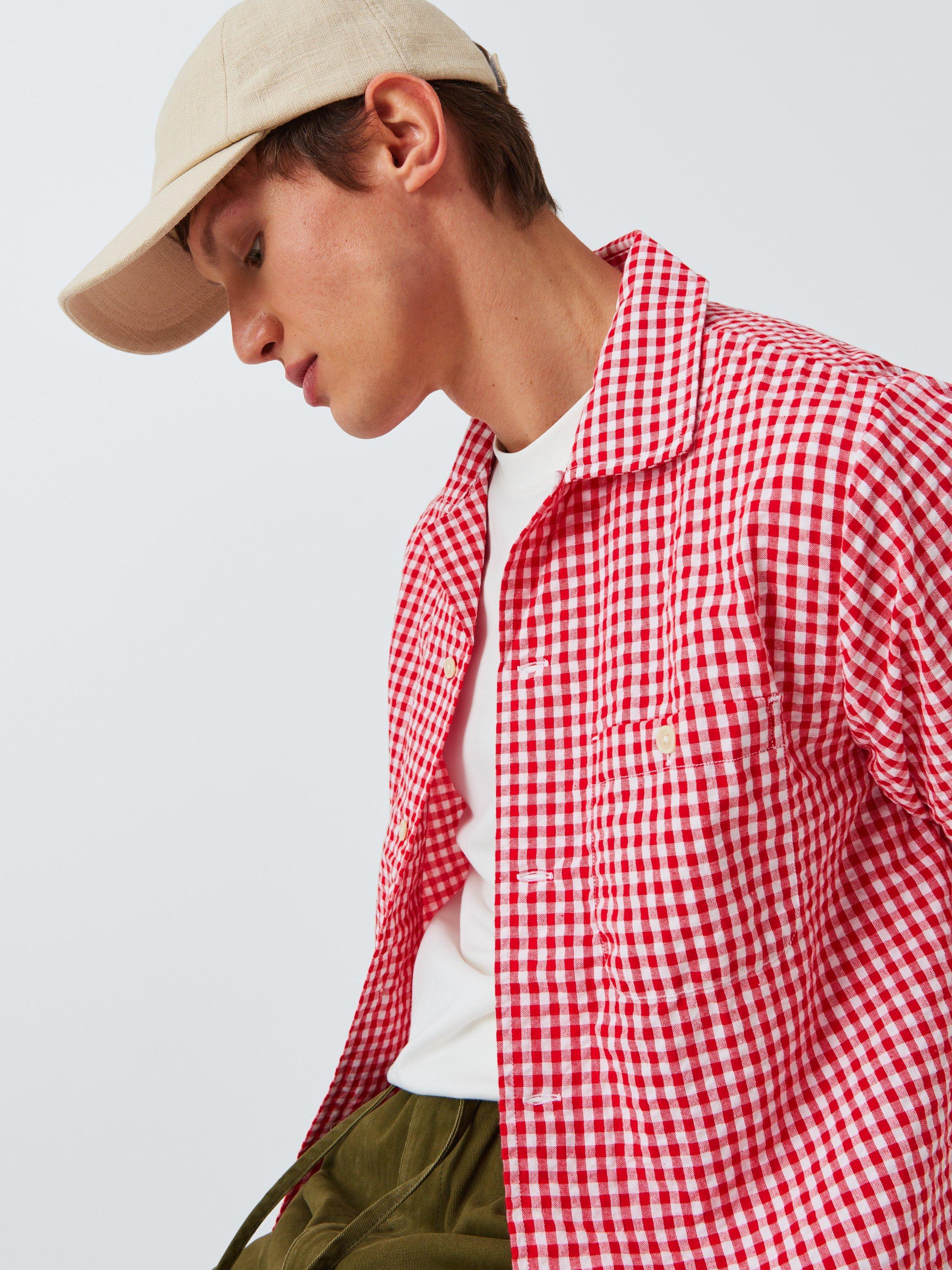 Product image 6 of 6, which shows Dubbleware Quincy Cotton Regular Fit Check Seersucker Shirt, Red, M