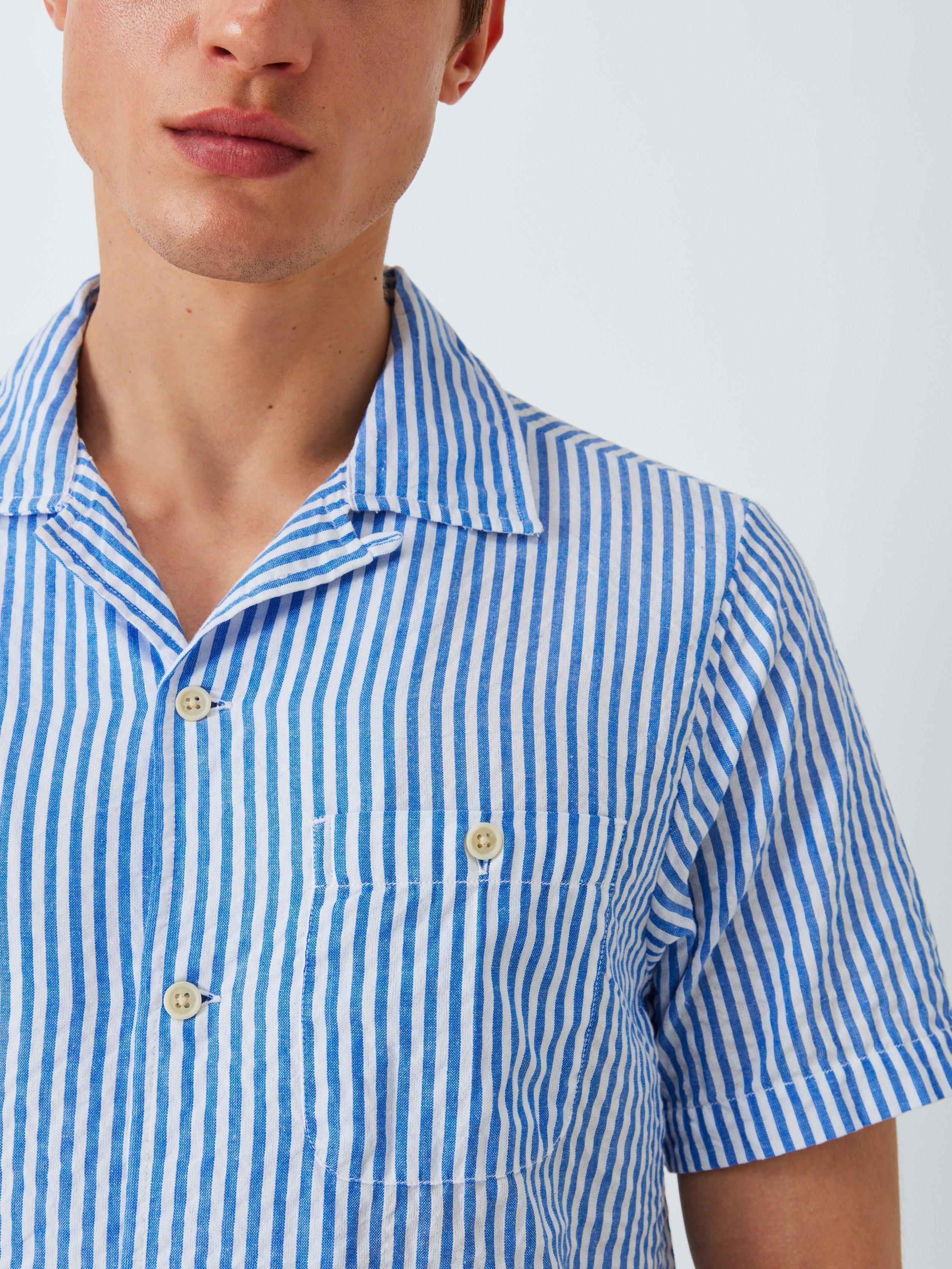 Product image 2 of 7, which shows Dubbleware Quincy Cotton Regular Fit Stripe Seersucker Shirt, Navy, S