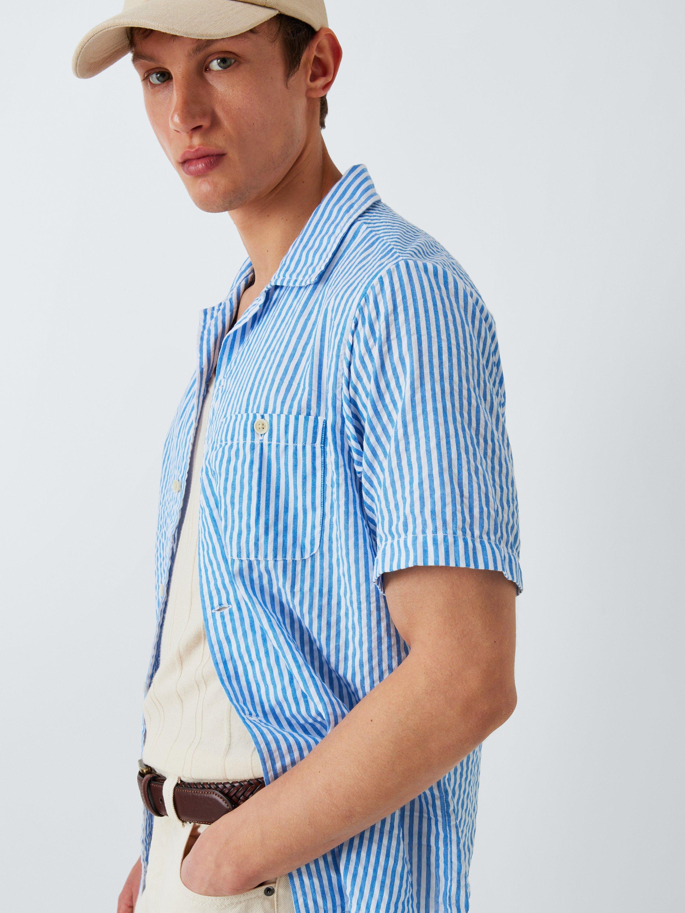 Product image 1 of 7, which shows Dubbleware Quincy Cotton Regular Fit Stripe Seersucker Shirt, Navy, S