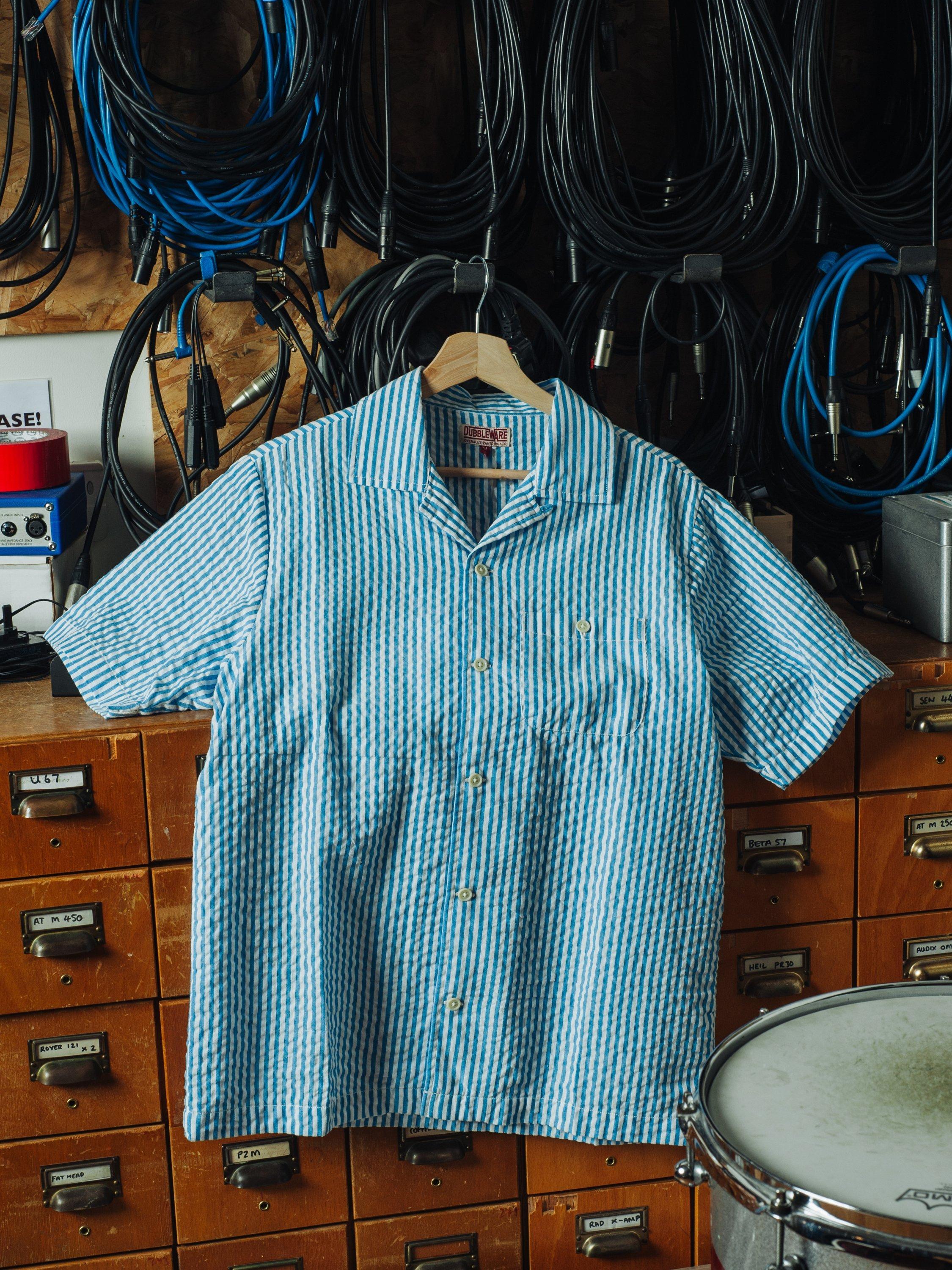Product image 3 of 7, which shows Dubbleware Quincy Cotton Regular Fit Stripe Seersucker Shirt, Navy, S