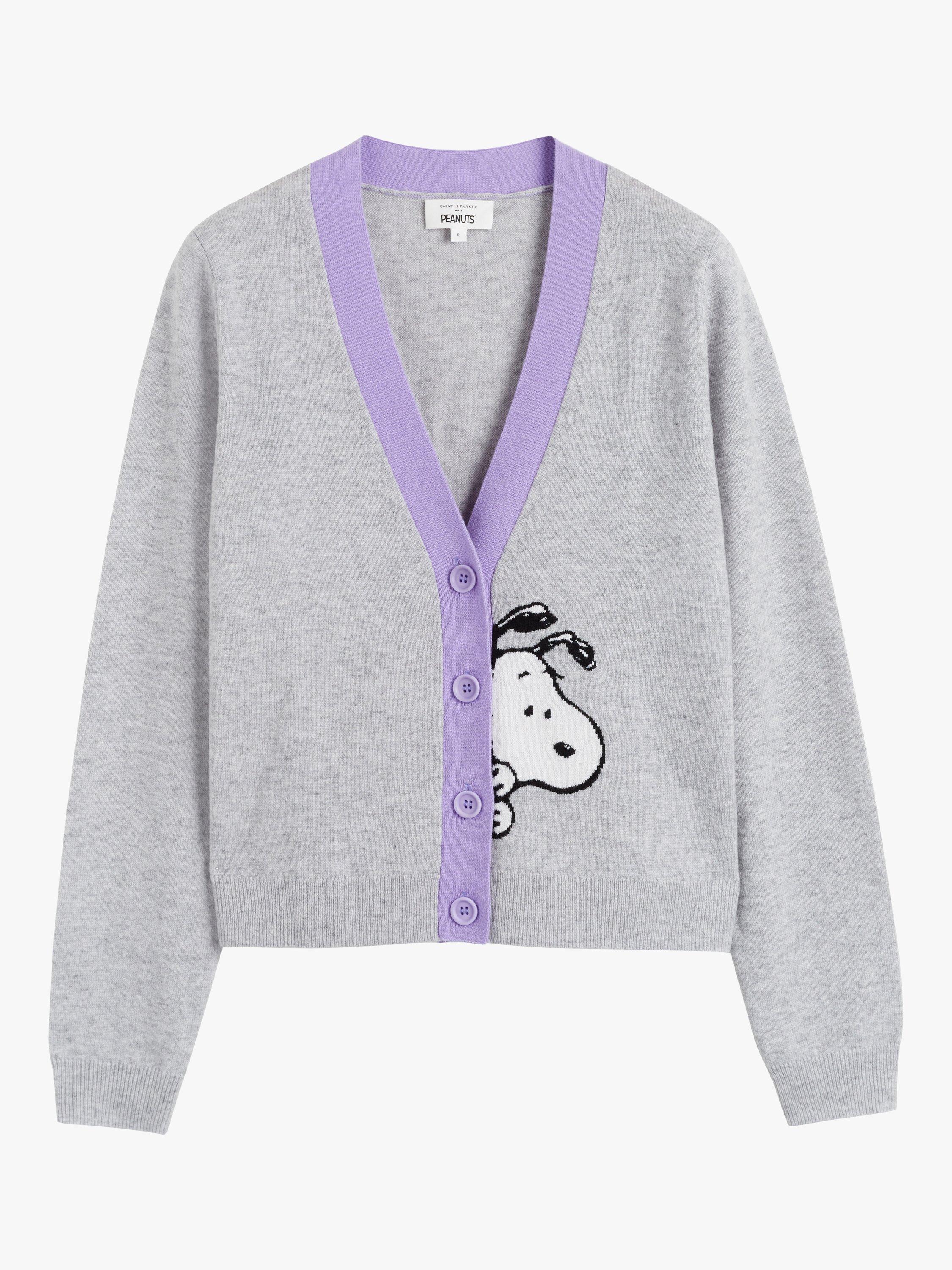 Product image 3 of 3, which shows Chinti & Parker Snoopy Peak Wool Rich Cardigan, Light Grey Marl, XS