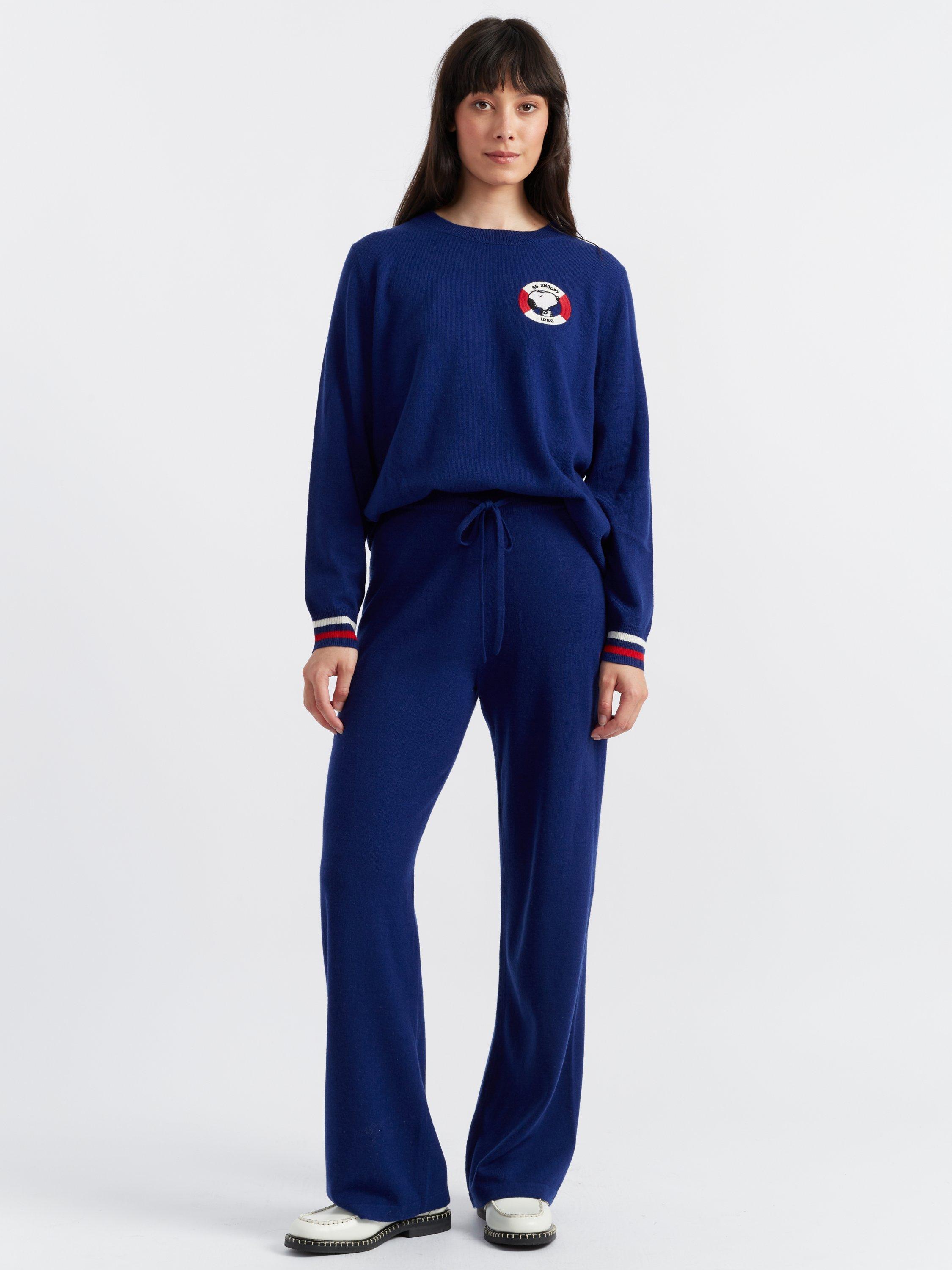 Product image 1 of 4, which shows Chinti & Parker Snoopy Nautical Wide Leg Joggers, Admiral Blue/Multi, XS