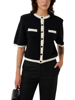 Gestuz Alpha Colour Contrast Wool Rich Cardigan, Black/Ivory, Black/Ivory