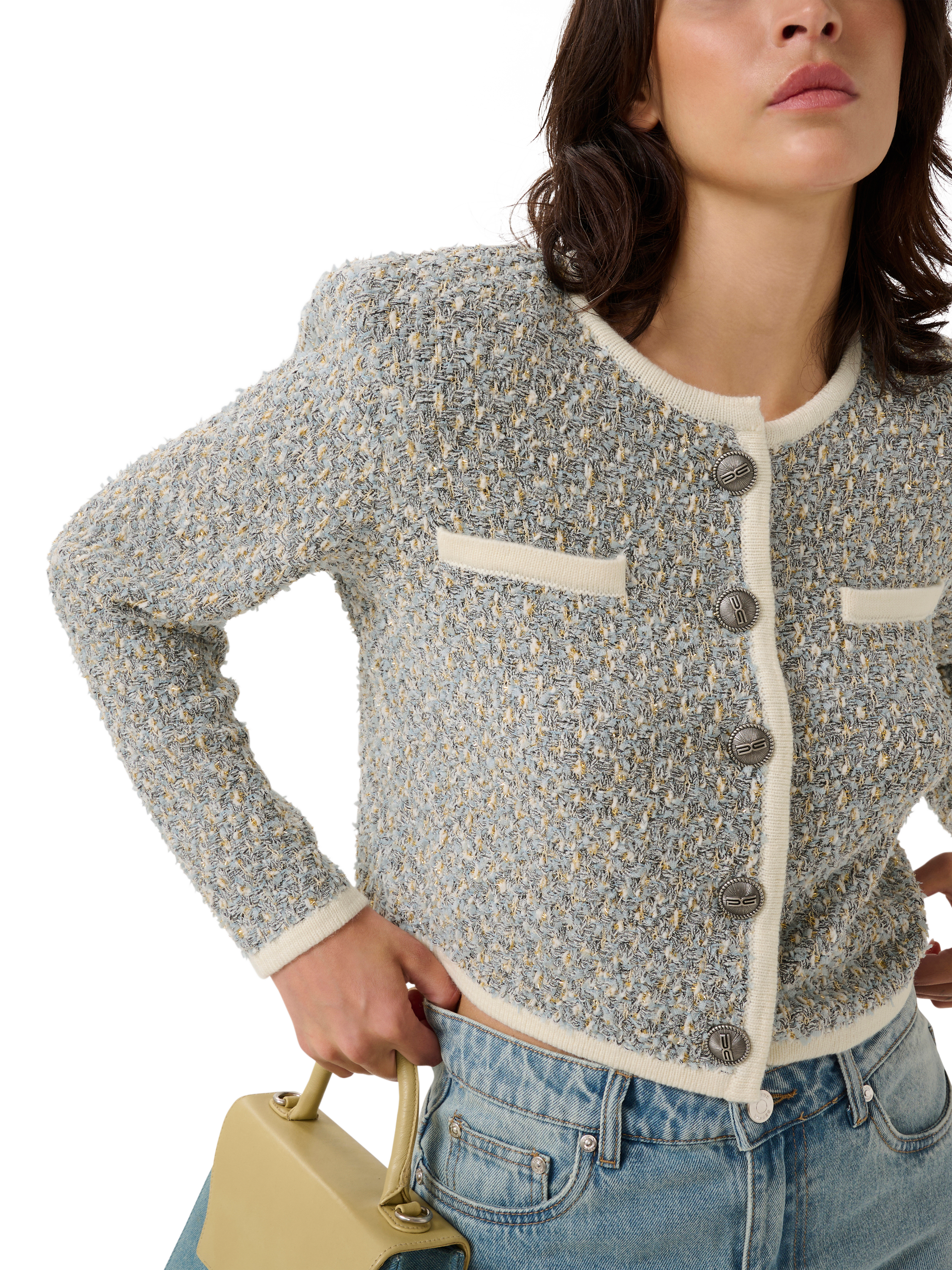 Product image 1 of 6, which shows Gestuz Nalin Boucle Knitted Cardigan, Blue/White, XS