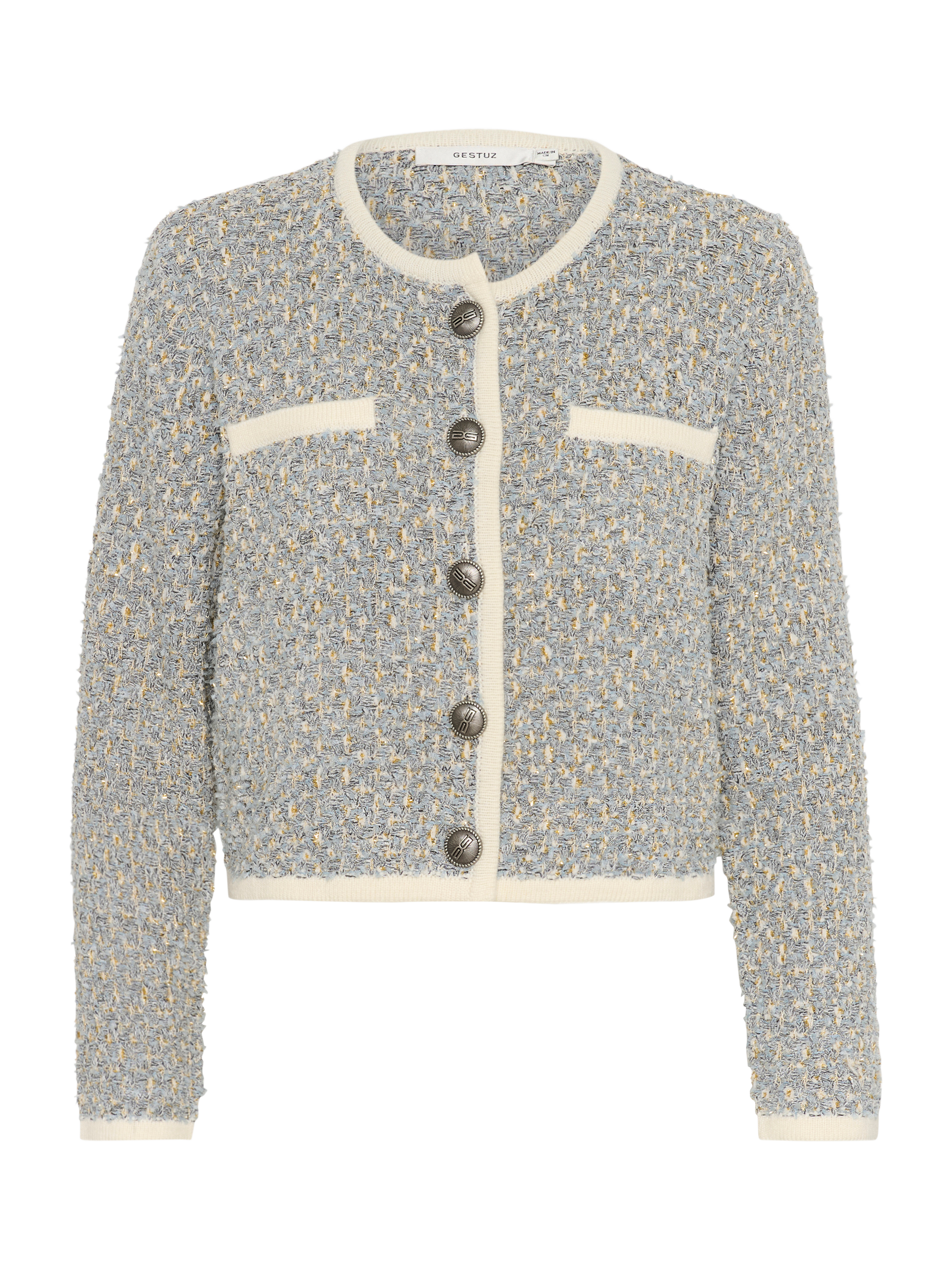 Product image 5 of 6, which shows Gestuz Nalin Boucle Knitted Cardigan, Blue/White, XS
