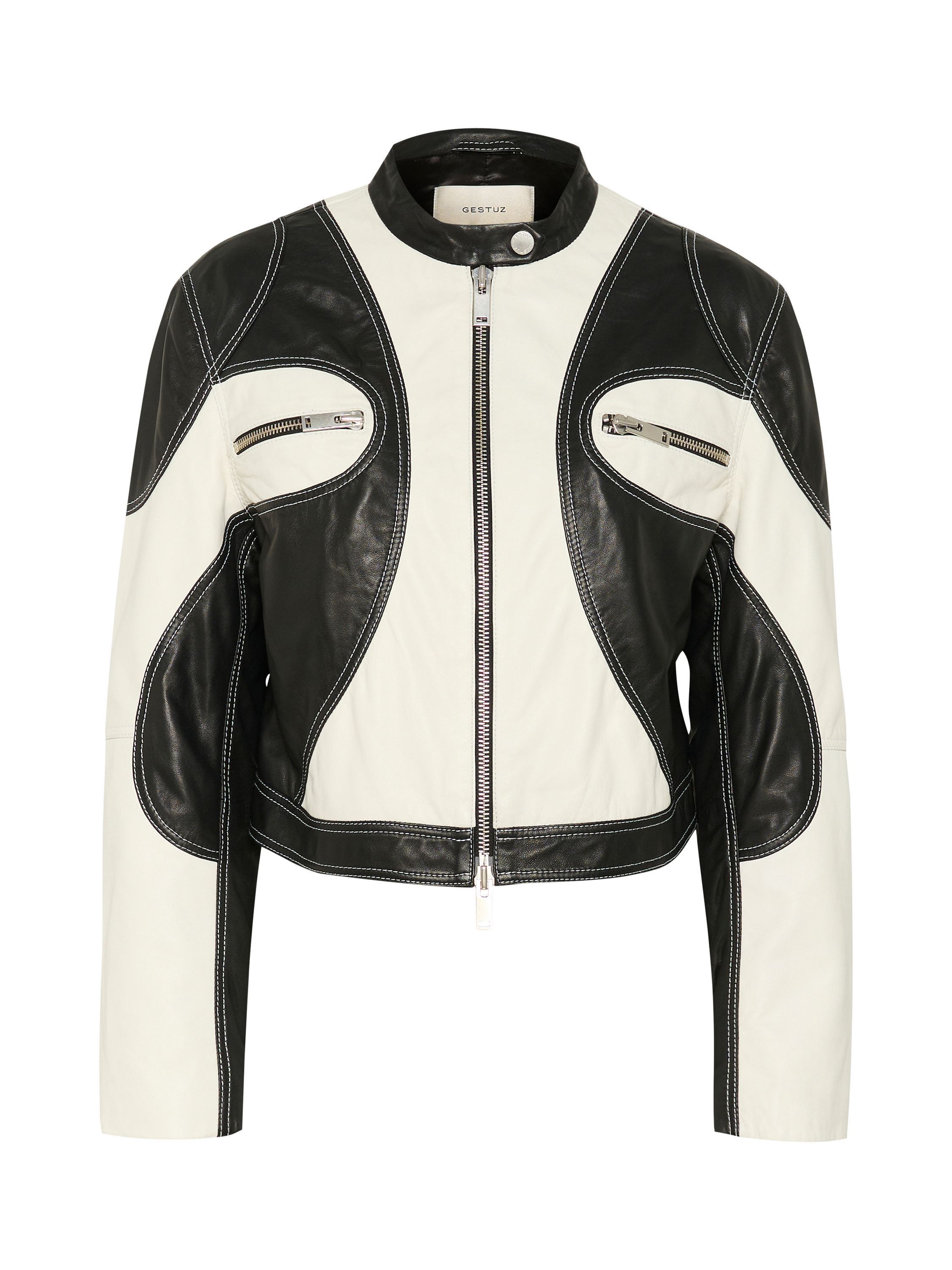 Product image 1 of 3, which shows Gestuz Birka Colour Block Pure Leather Biker Jacket, Black/Multi, 8