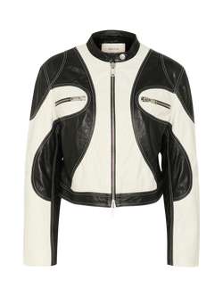 Gestuz Birka Colour Block Pure Leather Biker Jacket, Black/Multi, Black/Multi