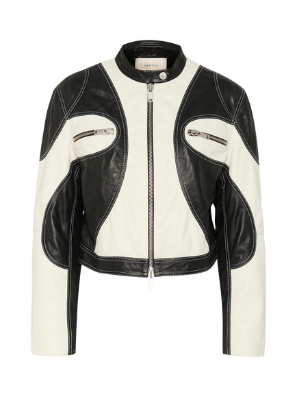 Gestuz Birka Colour Block Pure Leather Biker Jacket, Black/Multi, Black/Multi
