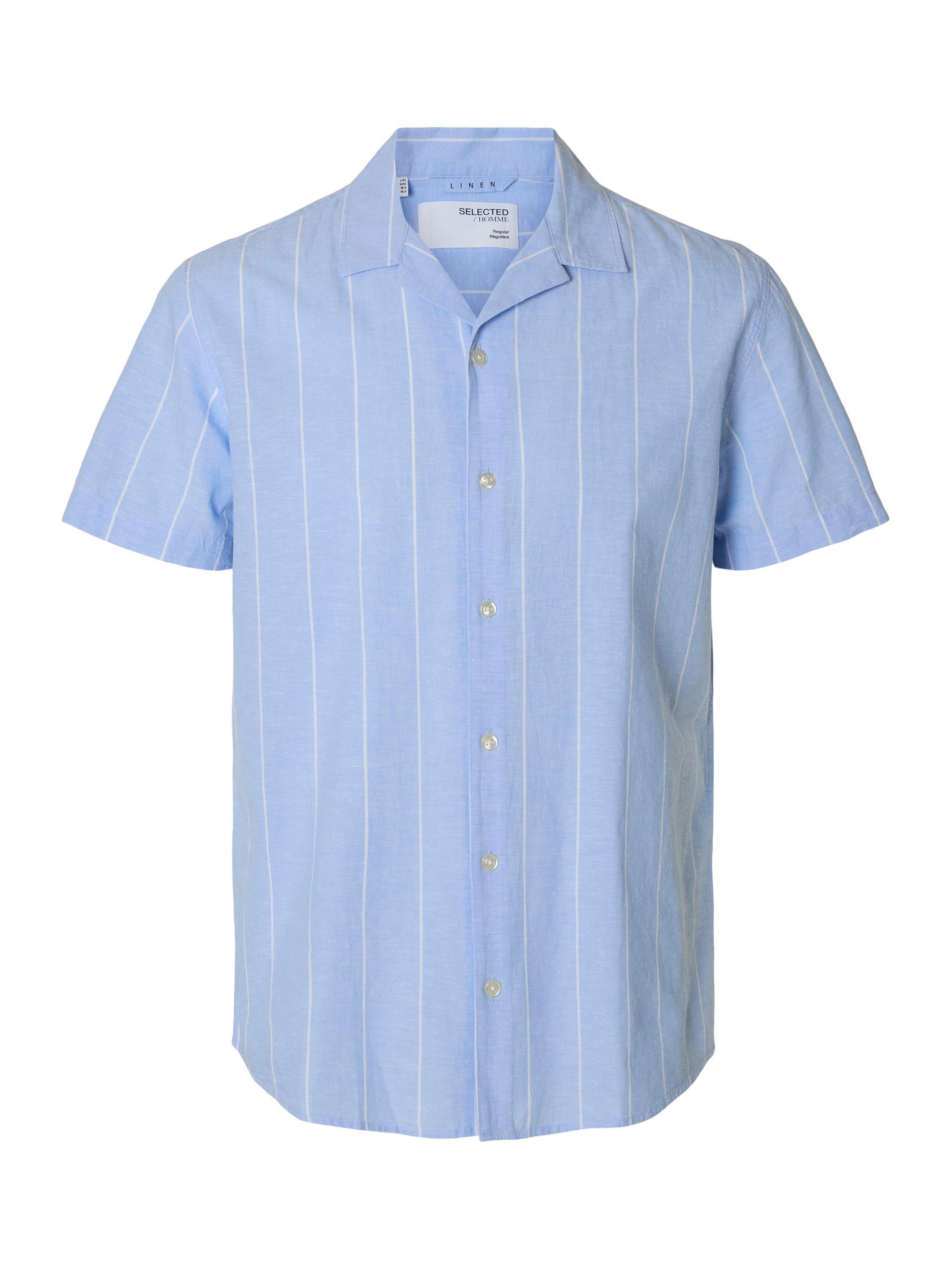 Product image 1 of 1, which shows Selected Cotton Linen Blend Regular Fit Stripe Resort Shirt, Cash Blue W Str, S
