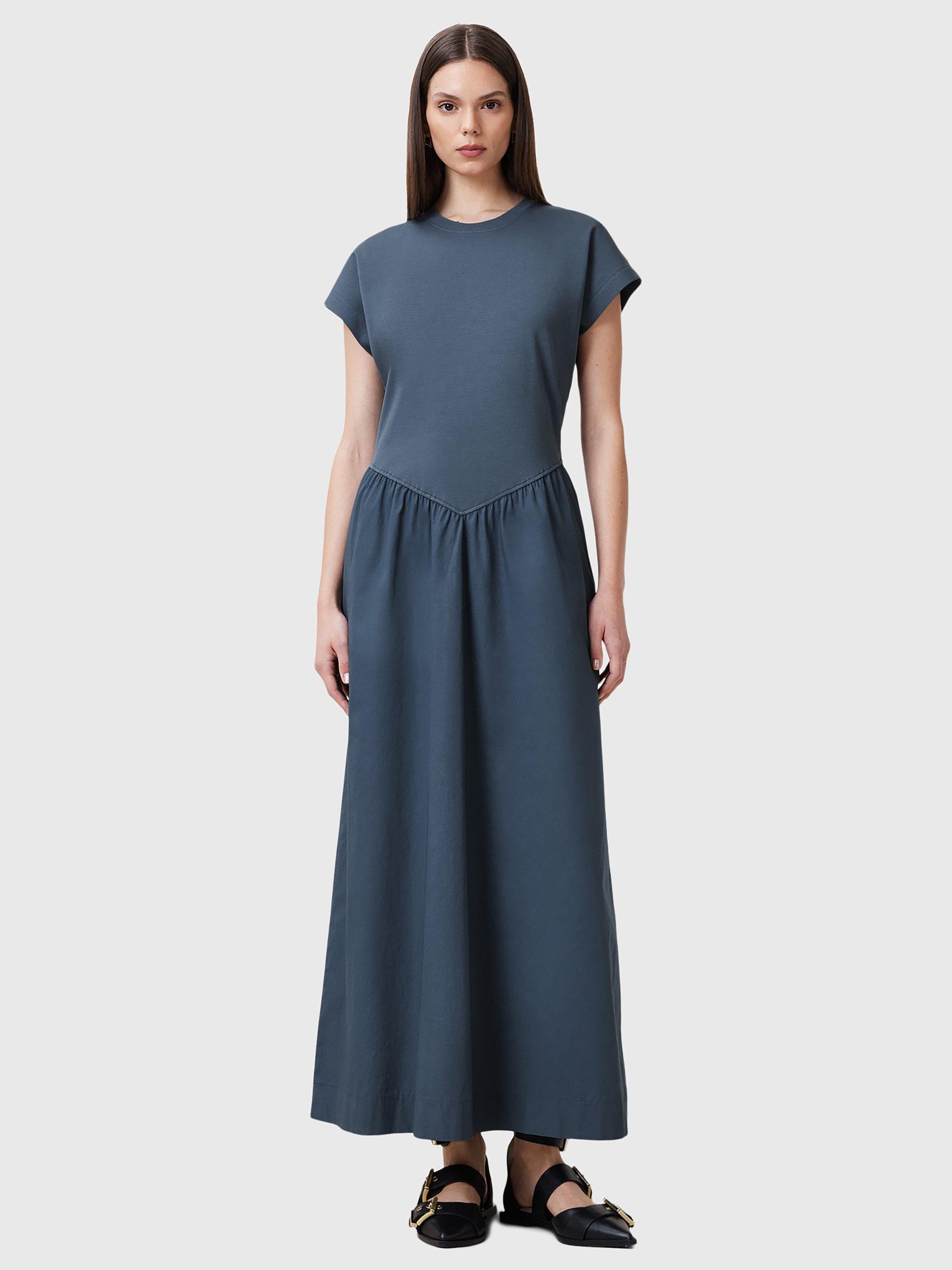 AllSaints Frankie Organic Cotton Drop Waist Maxi Dress, Blue Mid