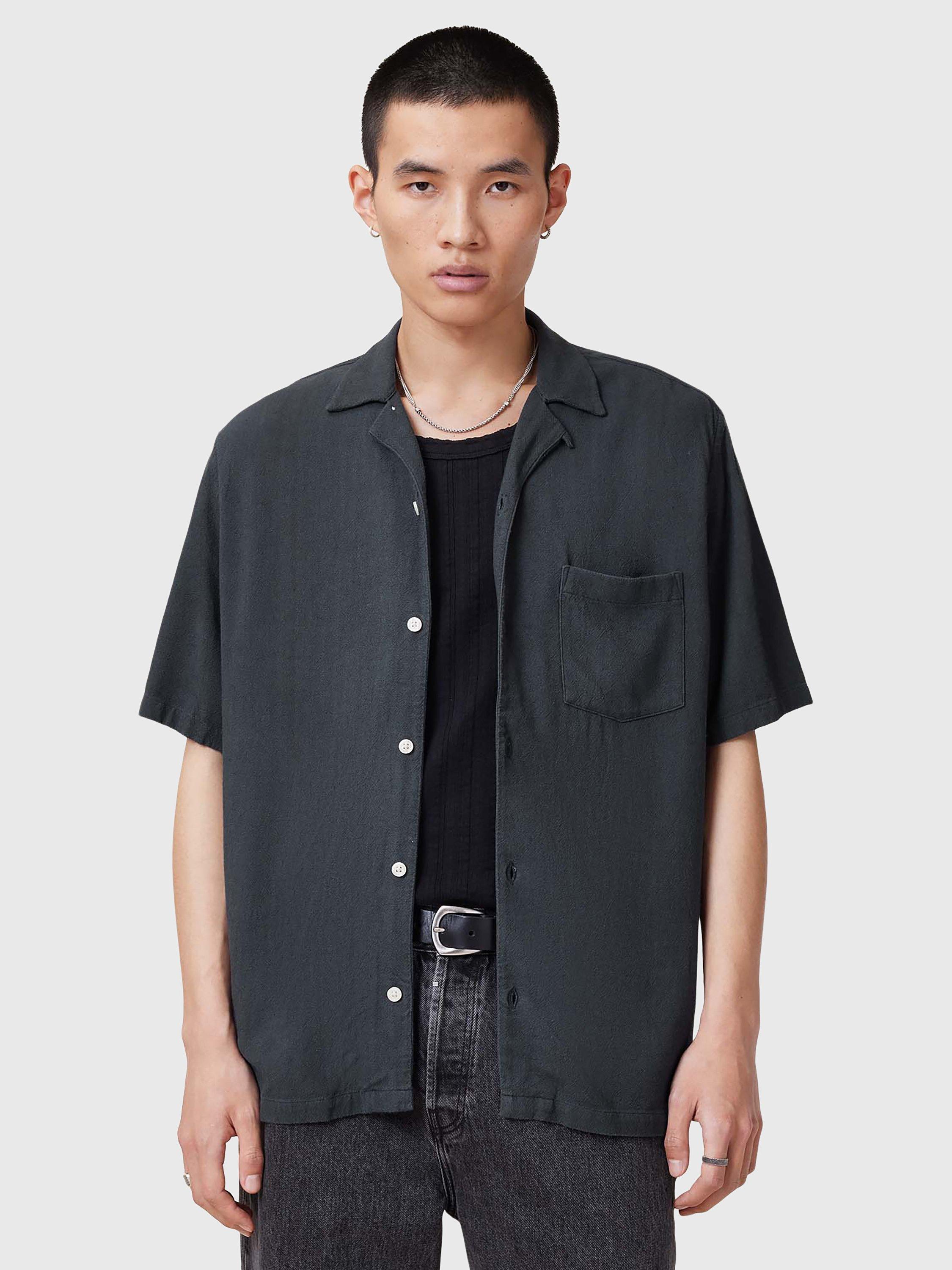 AllSaints Cudi Oversized Fit Short Sleeve Shirt, Mid Blue