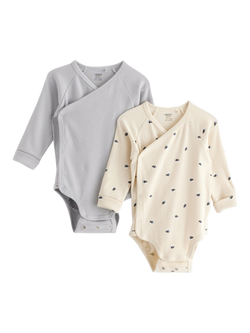 Lindex Baby Bumblebee Ribbed Wrap Front Long Sleeve Bodysuits, Pack of 2, Light Dusty Blue, Light Dusty Blue