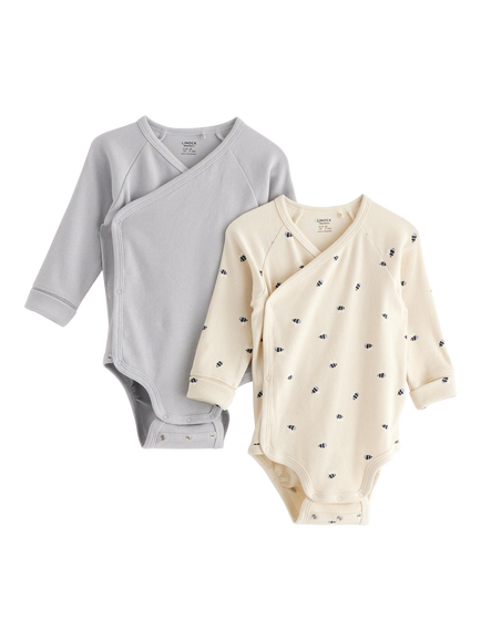 Lindex Baby Bumblebee Ribbed Wrap Front Long Sleeve Bodysuits, Pack of 2, Light Dusty Blue, Light Dusty Blue