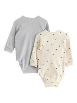 Lindex Baby Bumblebee Ribbed Wrap Front Long Sleeve Bodysuits, Pack of 2, Light Dusty Blue - view 2, Light Dusty Blue