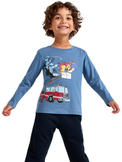 Lindex Kids' Fire Truck Long Sleeve Top, Dusty Blue, Dusty Blue