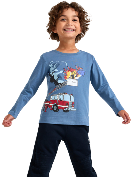 Lindex Kids' Fire Truck Long Sleeve Top, Dusty Blue, Dusty Blue
