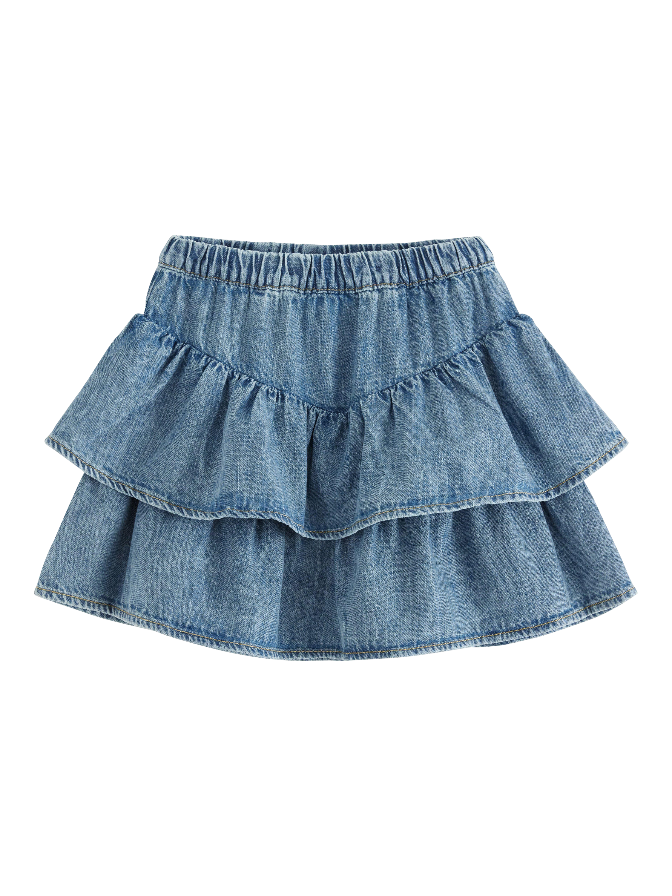 Product image 1 of 3, which shows Lindex Kids' V-Cut Flouncy Tier Skirt, Denim, 6-7 years