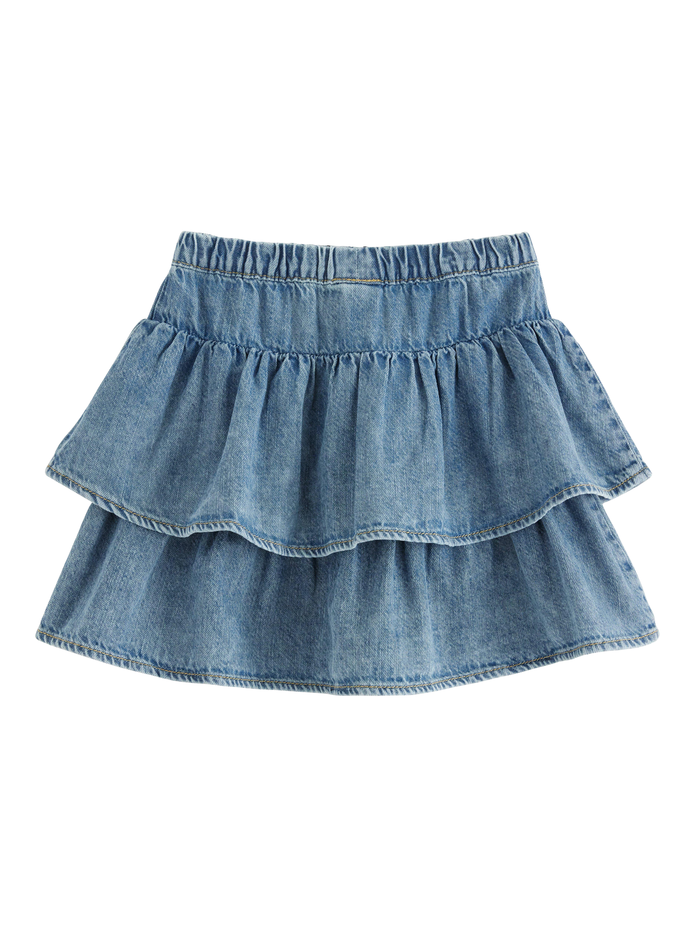 Product image 2 of 3, which shows Lindex Kids' V-Cut Flouncy Tier Skirt, Denim, 6-7 years