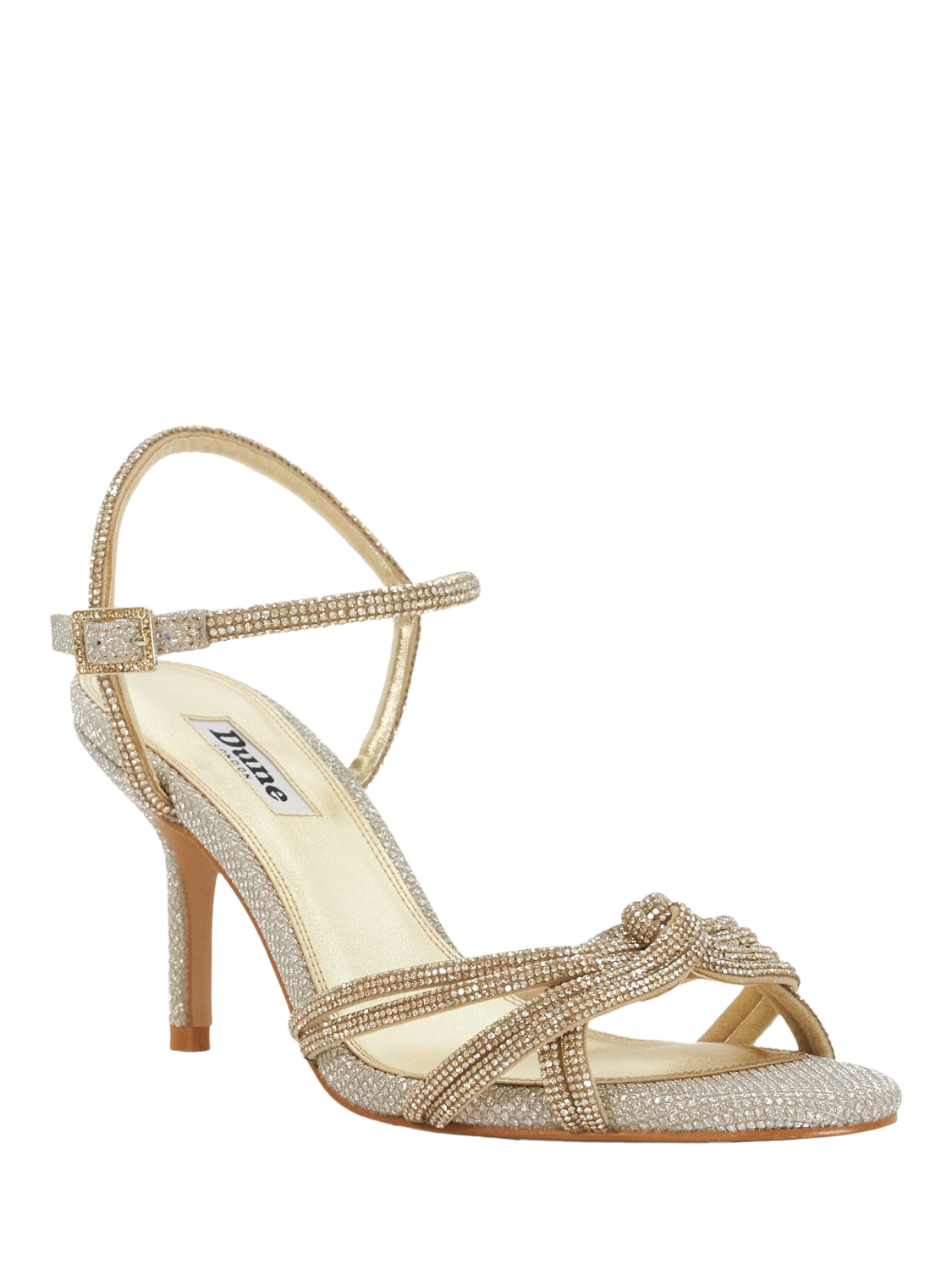 Product image 4 of 6, which shows Dune London Marvelous Diamante Stiletto Heel Sandals, Gold, 3