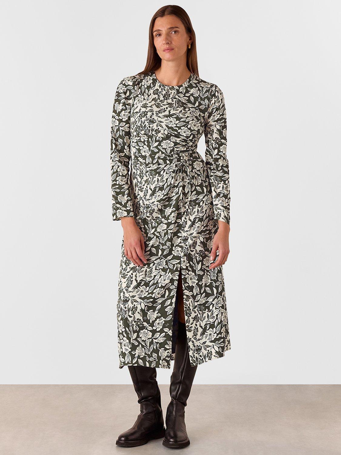 Product image 1 of 5, which shows Whistles Cut Stems Ruched Side Midi Dress, Green/Multi, 6