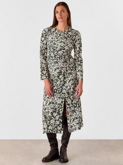 Whistles Cut Stems Ruched Side Midi Dress, Green/Multi, Green/Multi