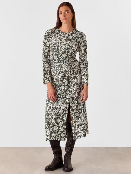 Whistles Cut Stems Ruched Side Midi Dress, Green/Multi, Green/Multi