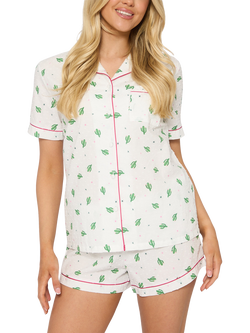 Loungeable Cactus Print Soft Shirt and Shorts Pyjama Set, White, White
